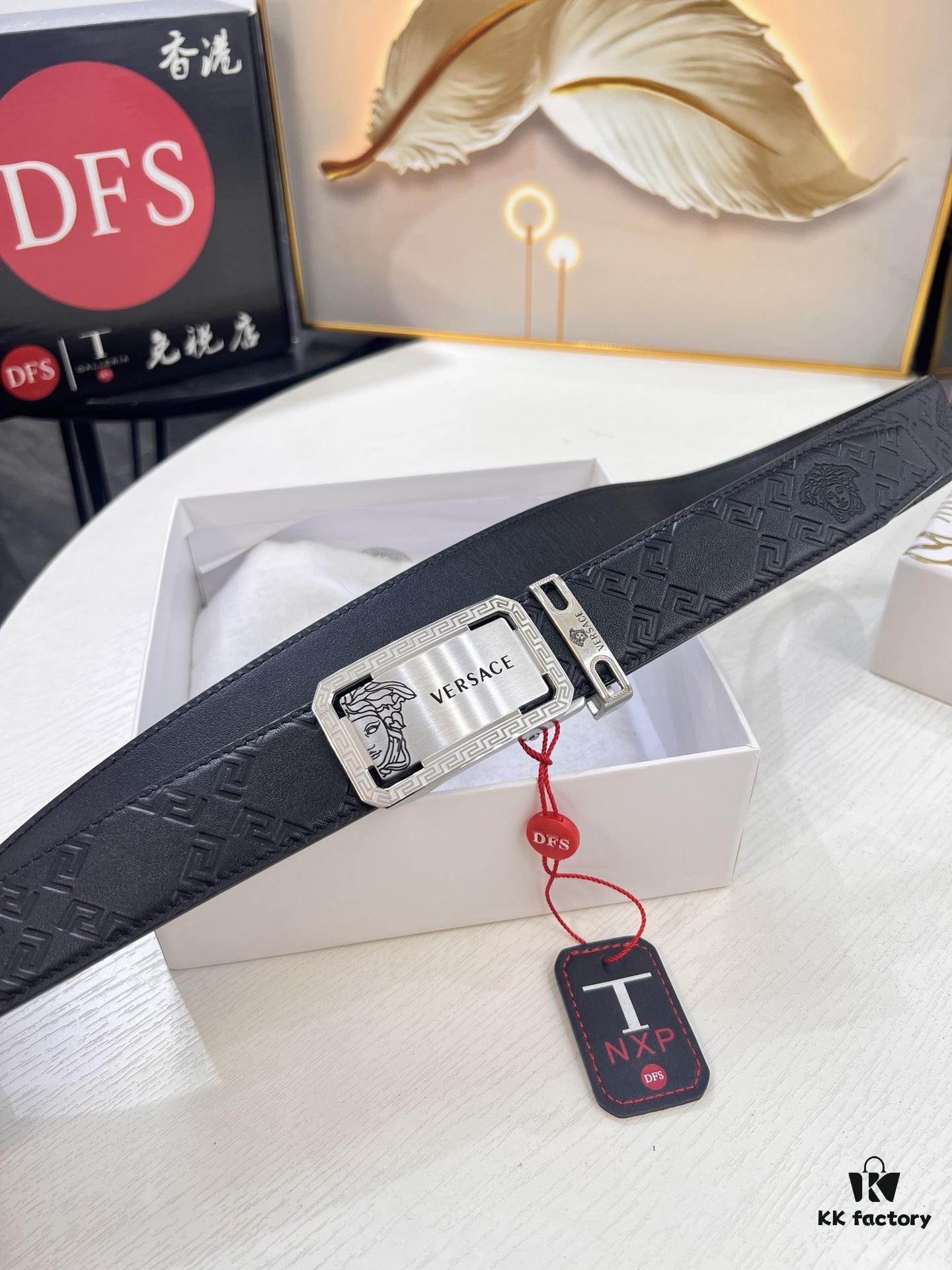 Versace Automatic Buckle Belt, Custom Cowhide with Medusa Embossed Top Layer Imported Leather, Fine Grain Cowhide, 3.5 cm Width