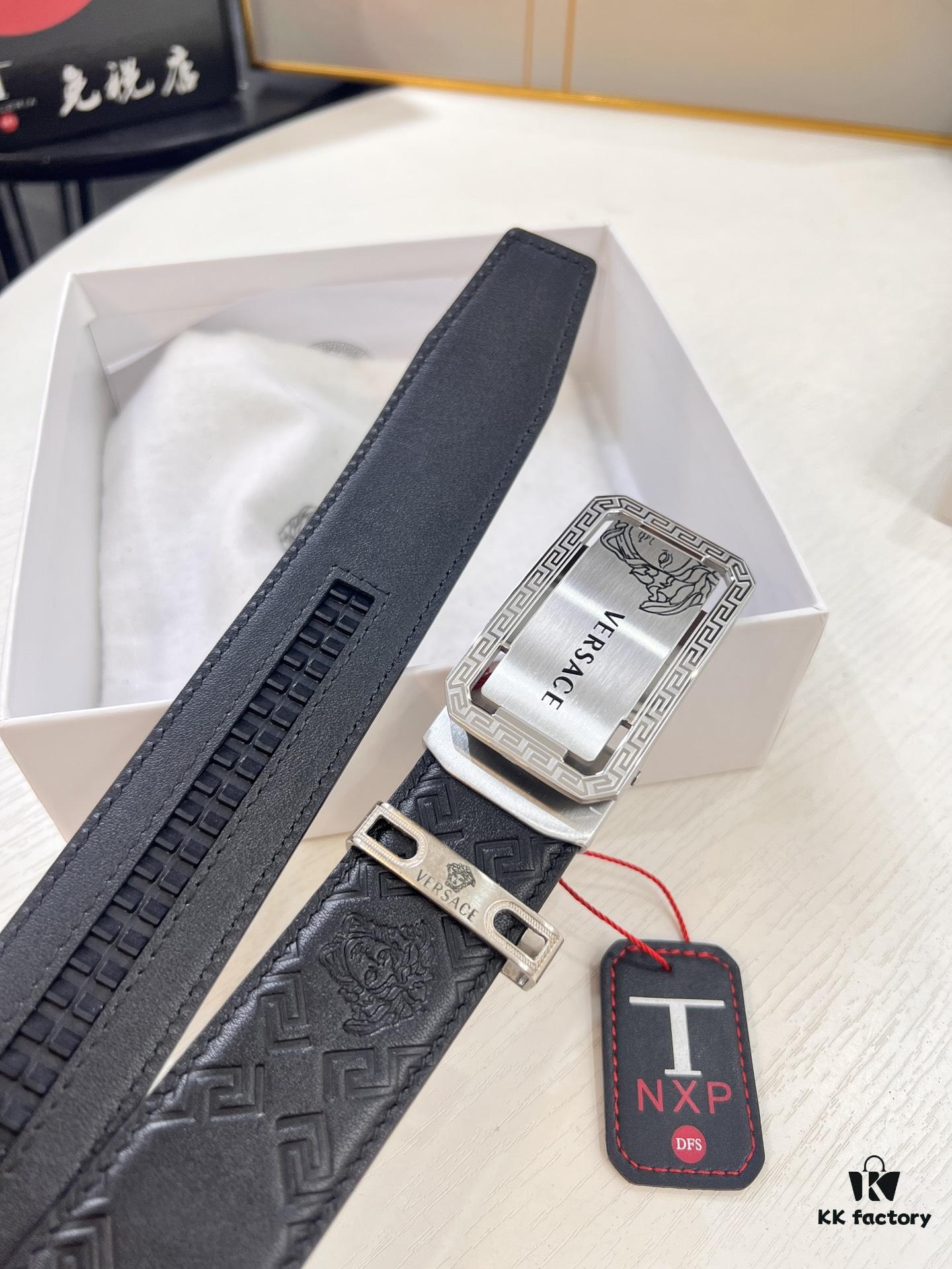 Versace Automatic Buckle Belt, Custom Cowhide with Medusa Embossed Top Layer Imported Leather, Fine Grain Cowhide, 3.5 cm Width