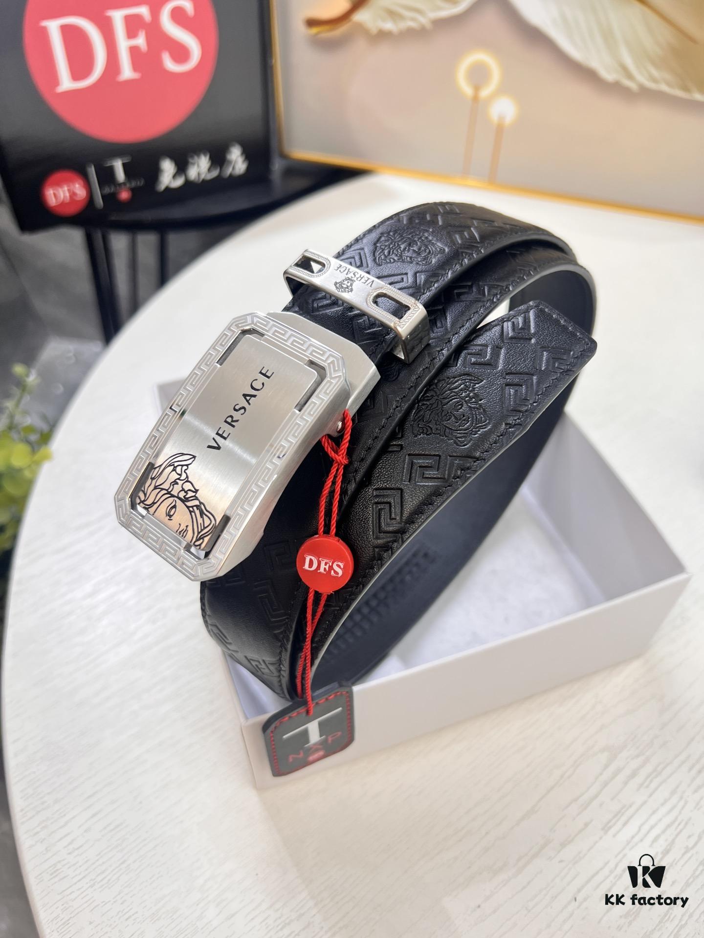 Versace Automatic Buckle Belt, Custom Cowhide with Medusa Embossed Top Layer Imported Leather, Fine Grain Cowhide, 3.5 cm Width