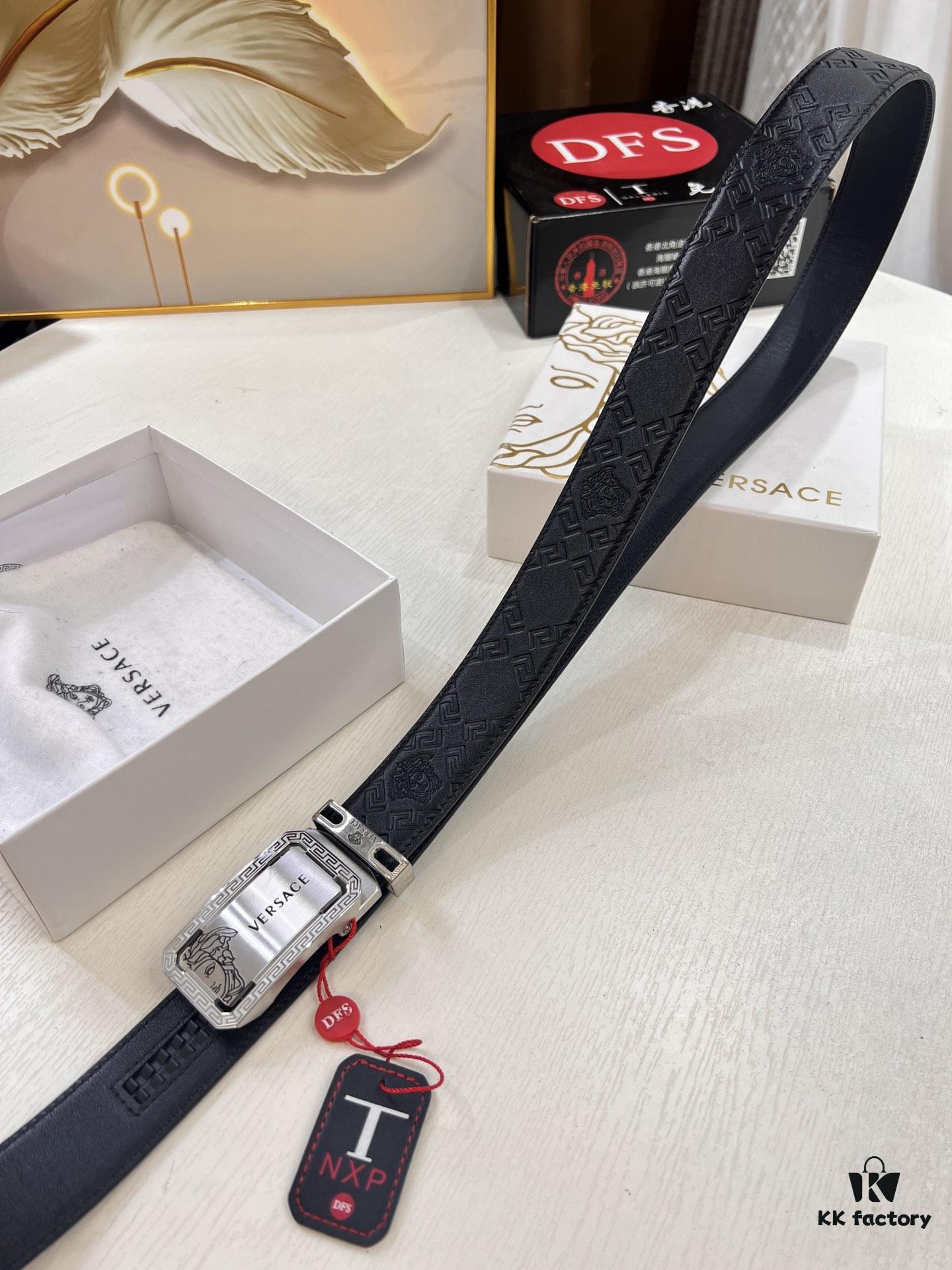 Versace Automatic Buckle Belt, Custom Cowhide with Medusa Embossed Top Layer Imported Leather, Fine Grain Cowhide, 3.5 cm Width