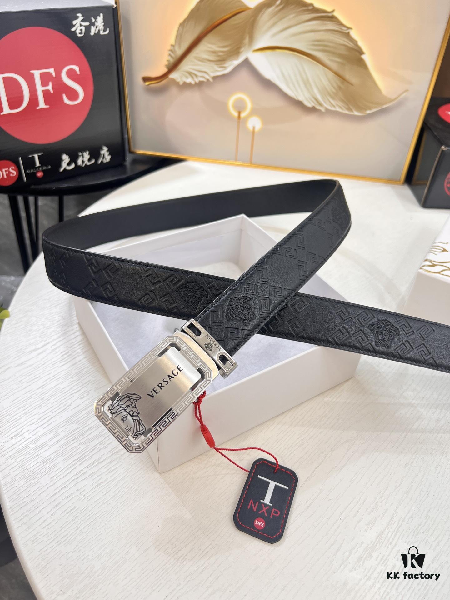 Versace Automatic Buckle Belt, Custom Cowhide with Medusa Embossed Top Layer Imported Leather, Fine Grain Cowhide, 3.5 cm Width