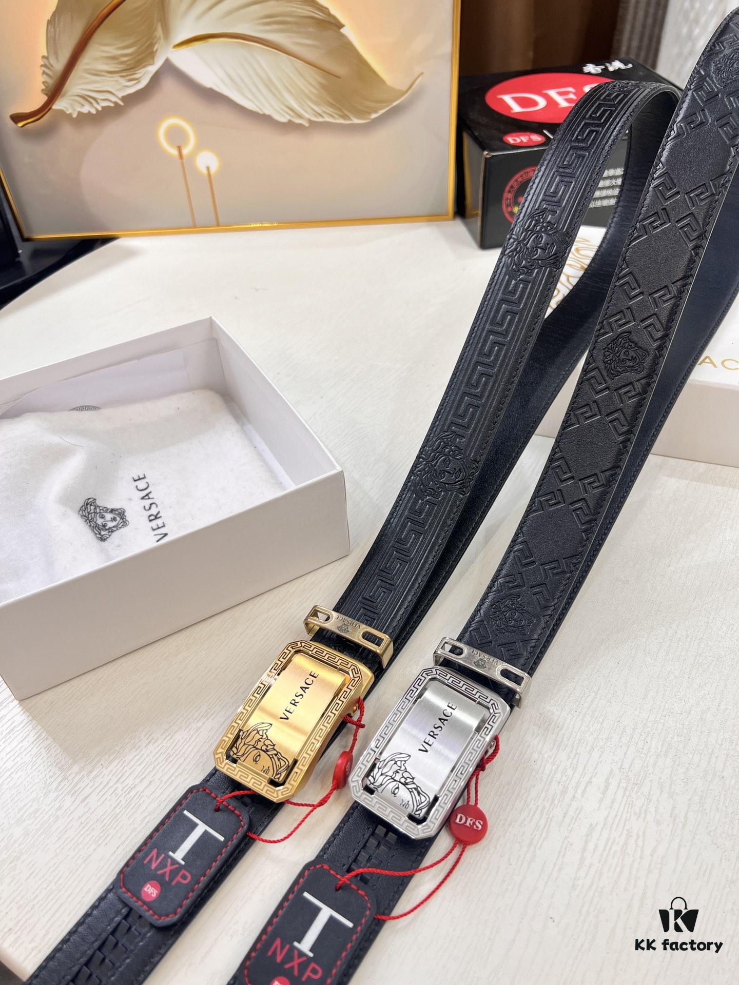 Versace Automatic Buckle Belt, Custom Cowhide with Medusa Embossed Top Layer Imported Leather, Fine Grain Cowhide, 3.5 cm Width