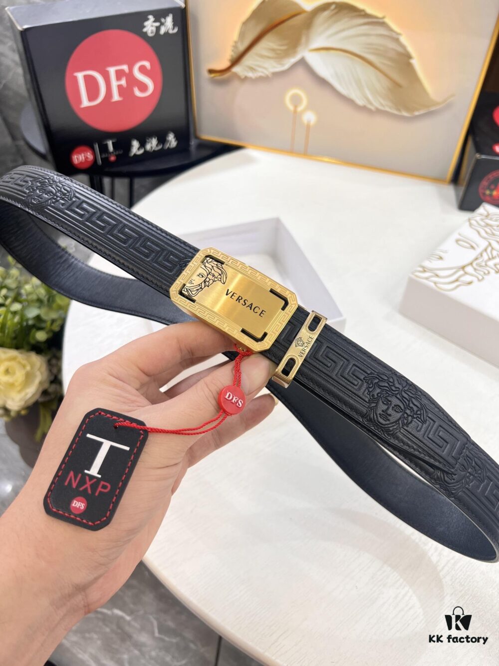 Versace Automatic Buckle Belt, Custom Embossed Top-Grade Imported Calfskin, 3.5cm Width, Luxury Business Formal Belt with NXP Anti-Counterfeit Chip