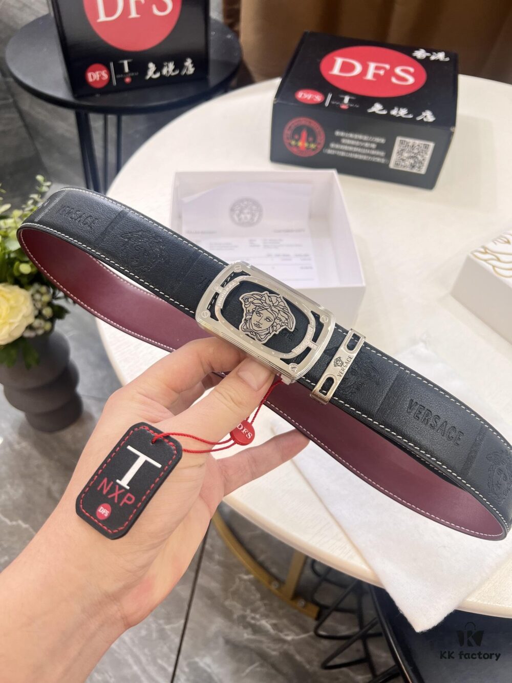 Versace Medusa Leather Belt - Original Factory Order, Italian Imported Top Grain Calfskin, Wine Red Plain Weave, 3.8cm Width
