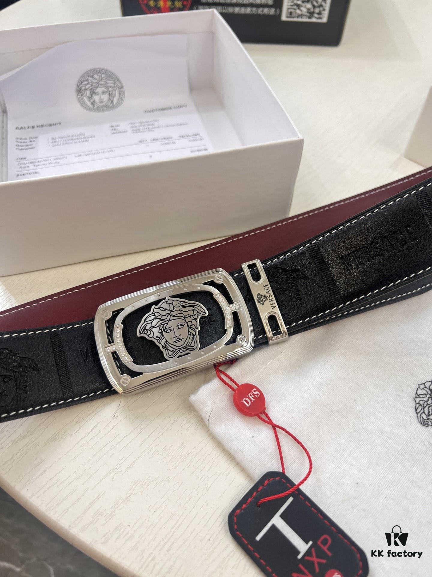 Versace Medusa Leather Belt - Original Factory Order, Italian Imported Top Grain Calfskin, Wine Red Plain Weave, 3.8cm Width