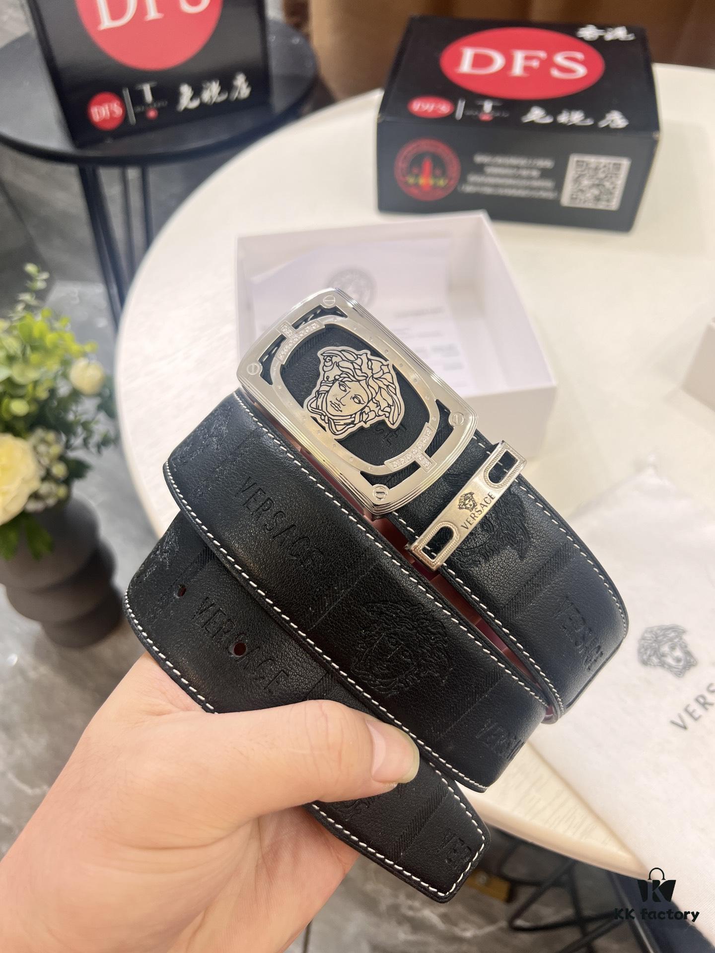 Versace Medusa Leather Belt - Original Factory Order, Italian Imported Top Grain Calfskin, Wine Red Plain Weave, 3.8cm Width