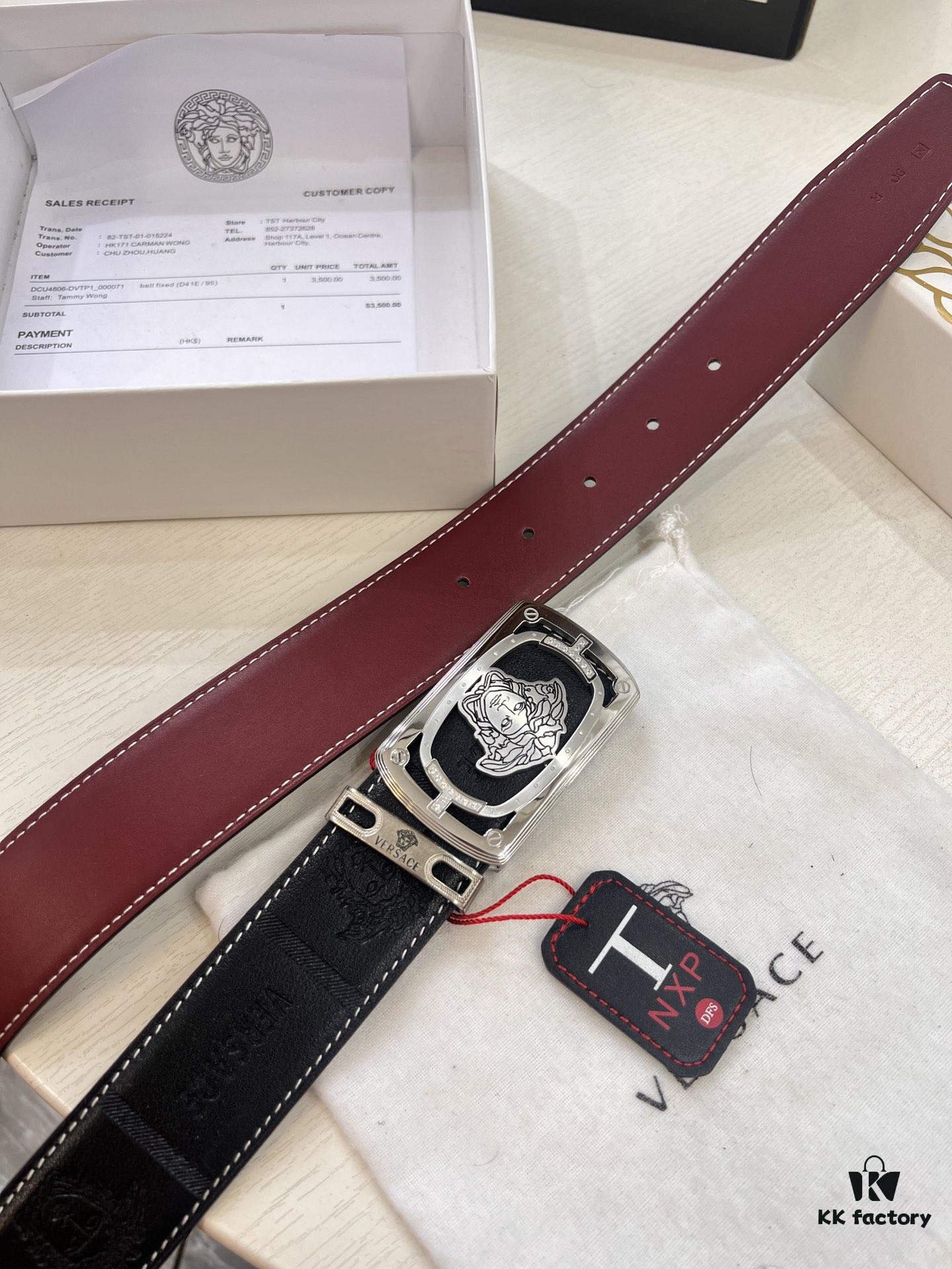 Versace Medusa Leather Belt - Original Factory Order, Italian Imported Top Grain Calfskin, Wine Red Plain Weave, 3.8cm Width