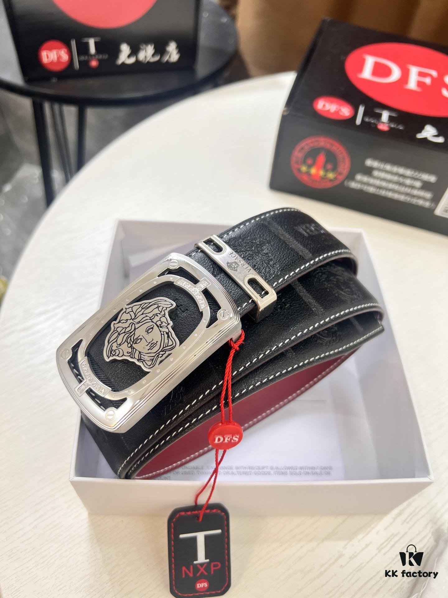 Versace Medusa Leather Belt - Original Factory Order, Italian Imported Top Grain Calfskin, Wine Red Plain Weave, 3.8cm Width