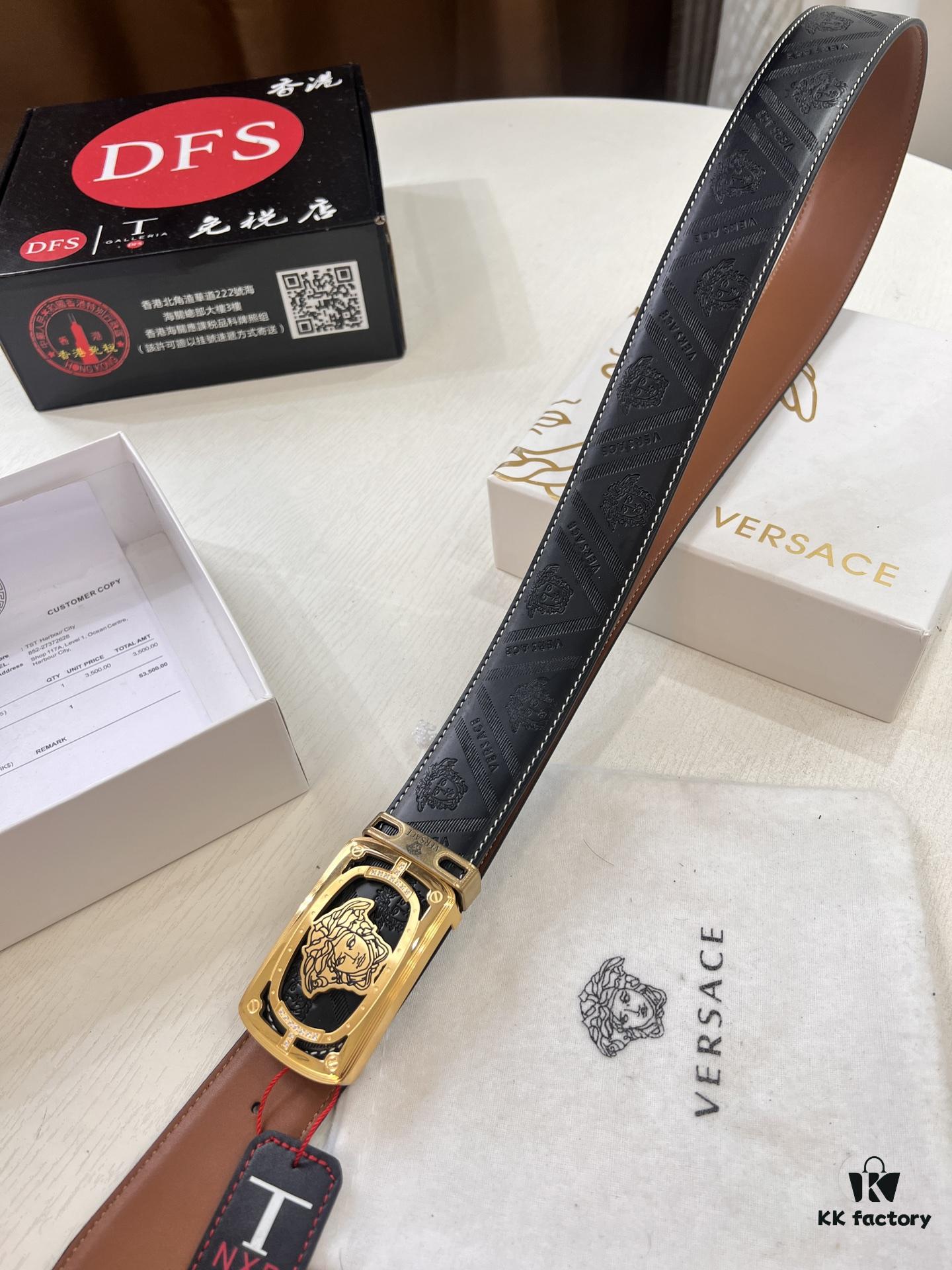 Versace Medusa Leather Belt - Original Factory Order, Italian Imported Top Grain Calfskin, Wine Red Plain Weave, 3.8cm Width