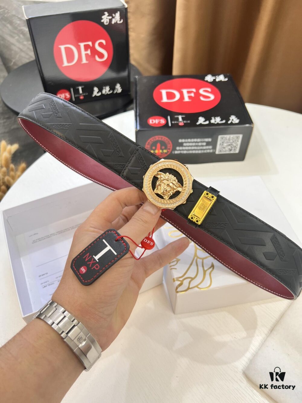 Versace Medusa Belt - Original Factory Direct, Italian Imported Top Grain Calfskin, Wine Red Plain Texture, 3.8cm Width