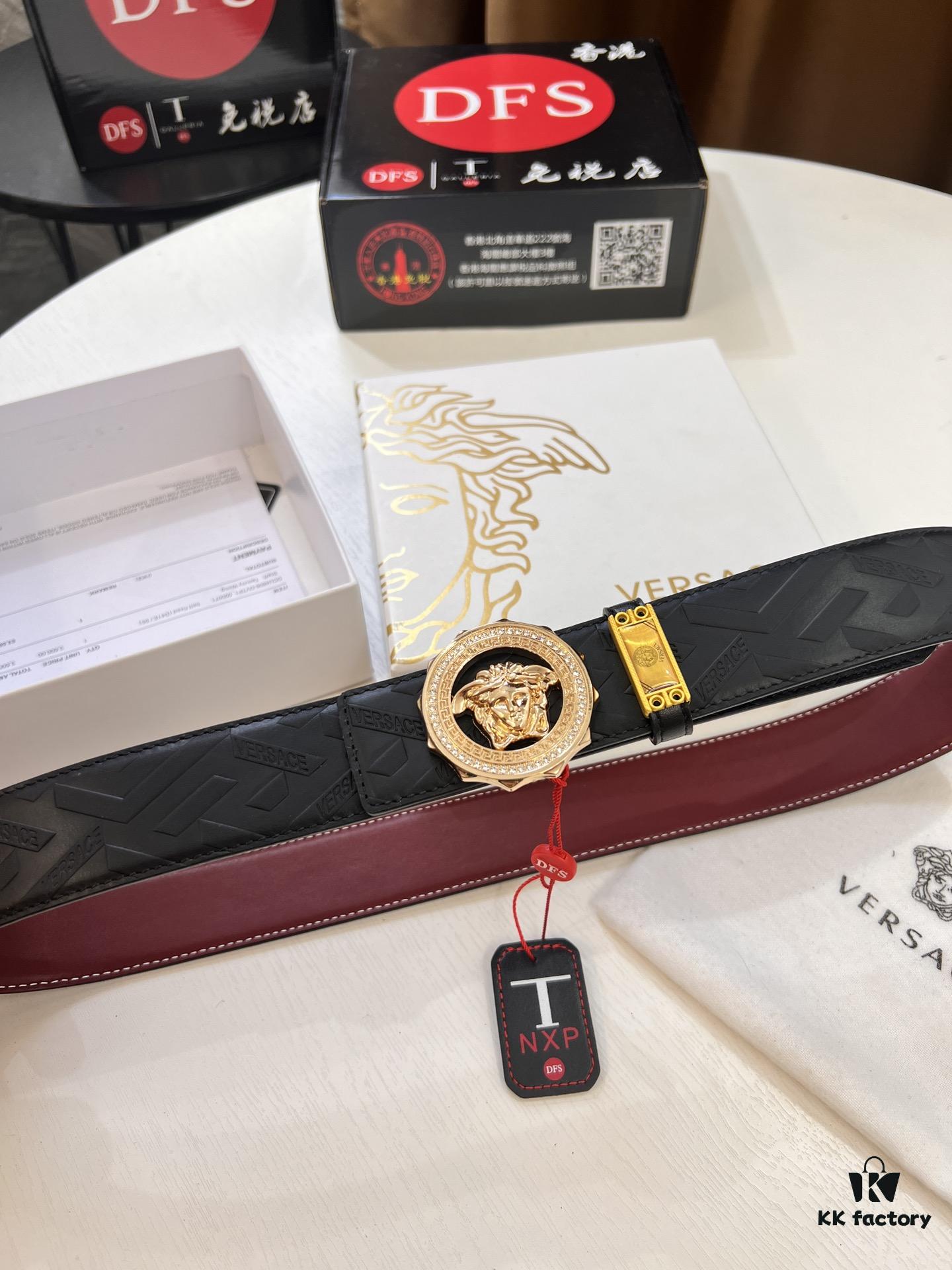 Versace Medusa Belt - Original Factory Direct, Italian Imported Top Grain Calfskin, Wine Red Plain Texture, 3.8cm Width