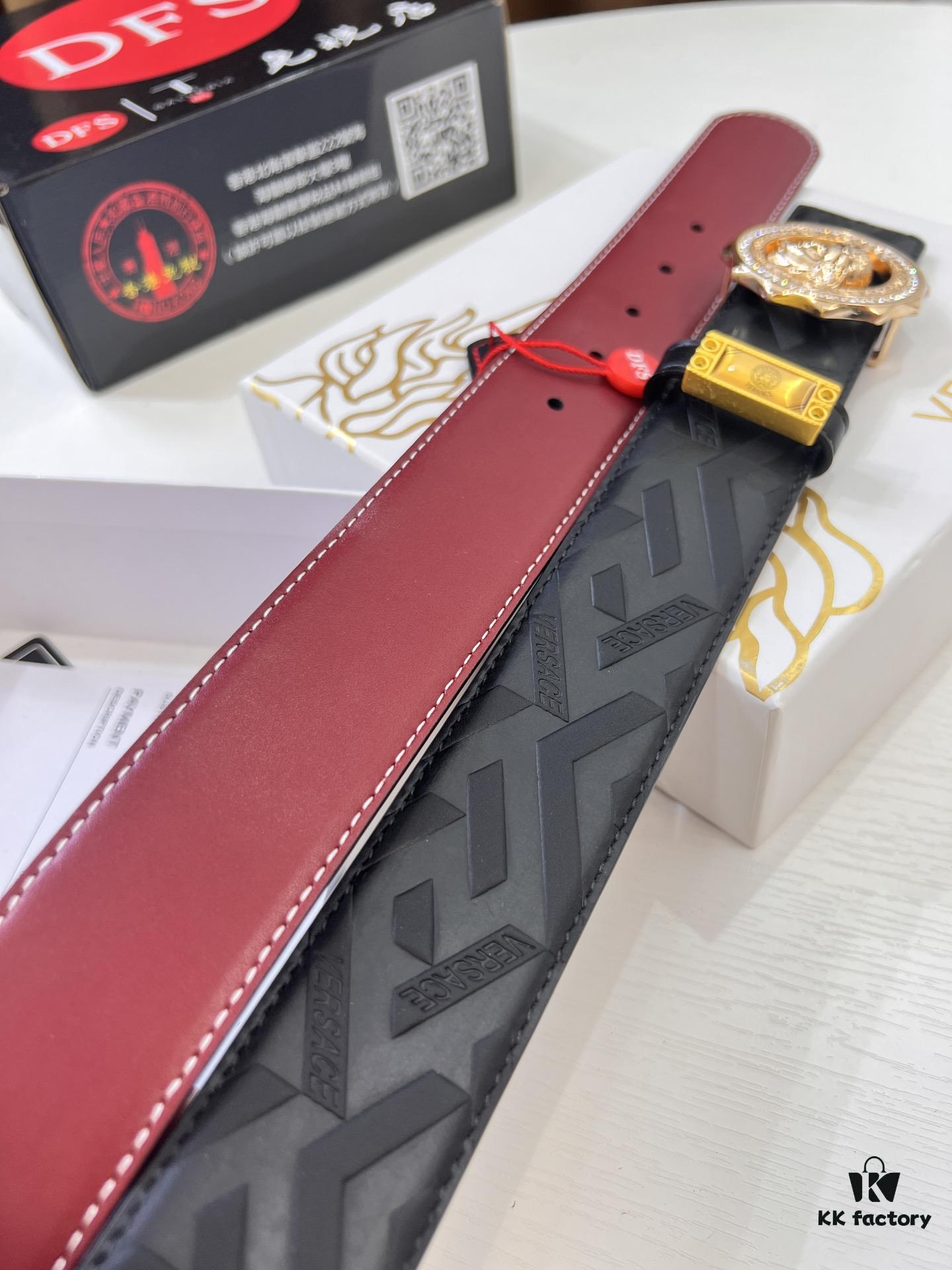 Versace Medusa Belt - Original Factory Direct, Italian Imported Top Grain Calfskin, Wine Red Plain Texture, 3.8cm Width