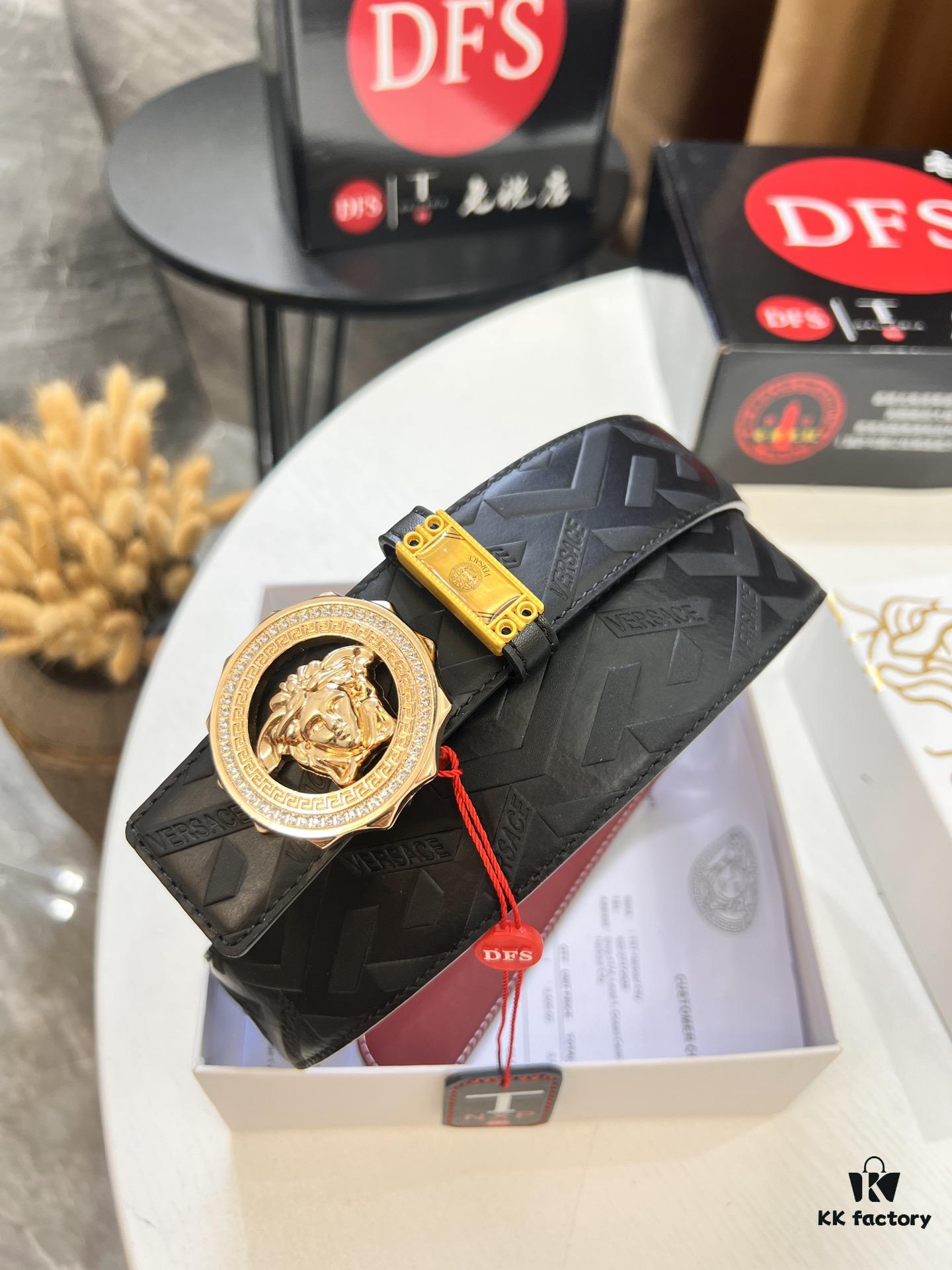 Versace Medusa Belt - Original Factory Direct, Italian Imported Top Grain Calfskin, Wine Red Plain Texture, 3.8cm Width