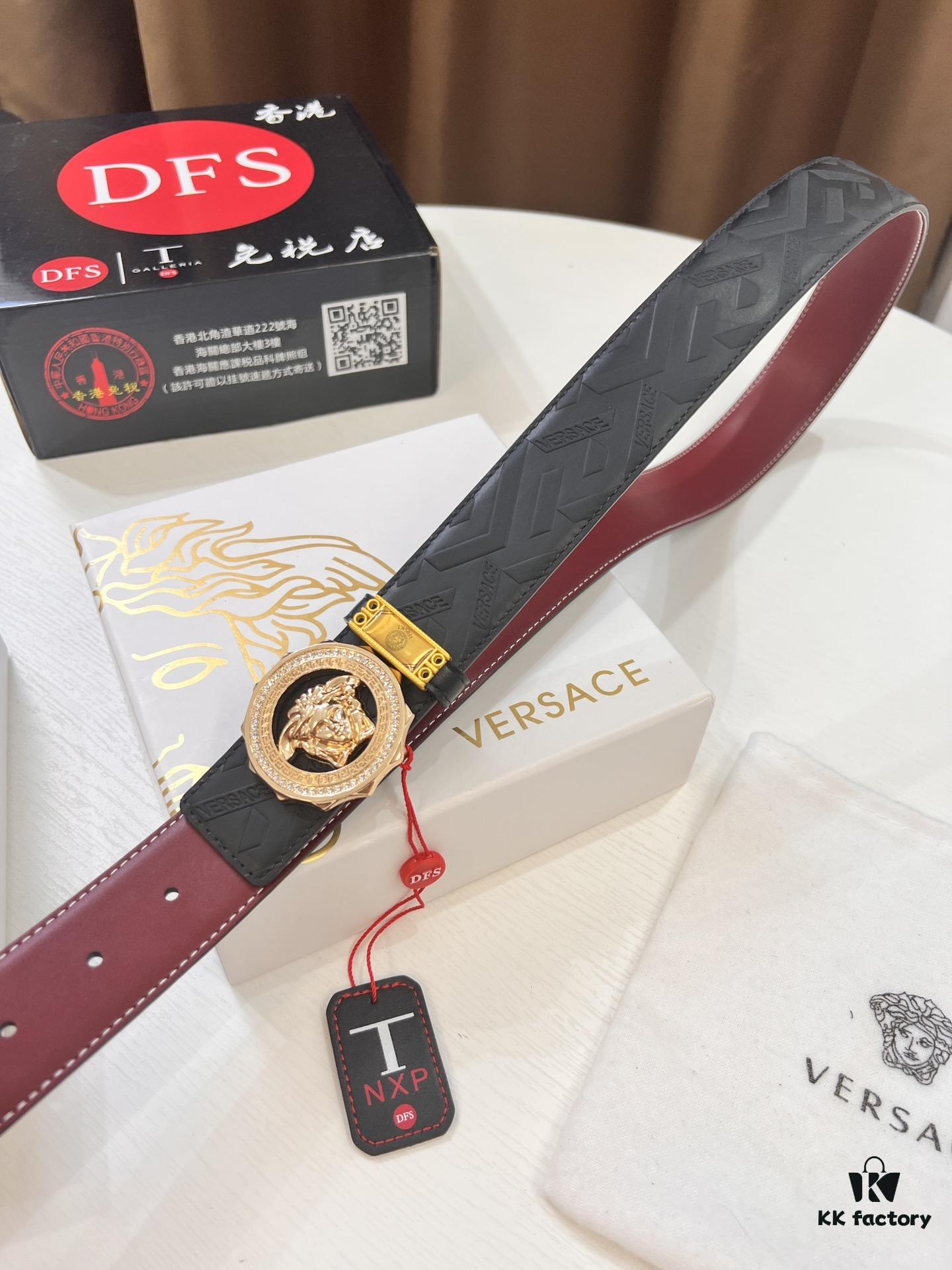Versace Medusa Belt - Original Factory Direct, Italian Imported Top Grain Calfskin, Wine Red Plain Texture, 3.8cm Width