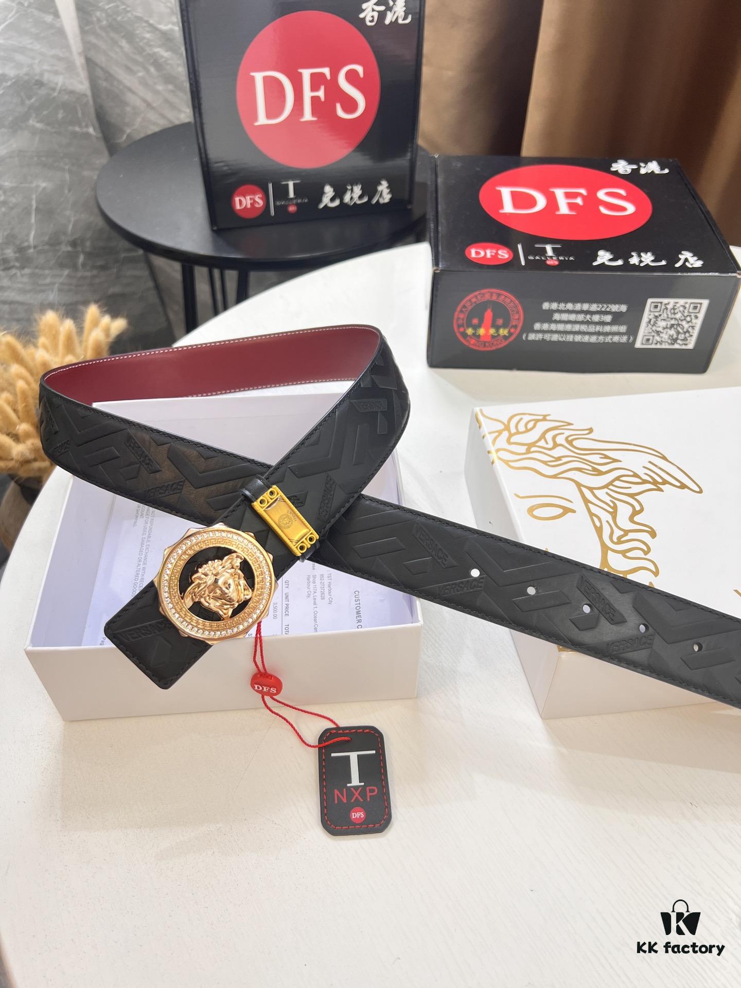 Versace Medusa Belt - Original Factory Direct, Italian Imported Top Grain Calfskin, Wine Red Plain Texture, 3.8cm Width