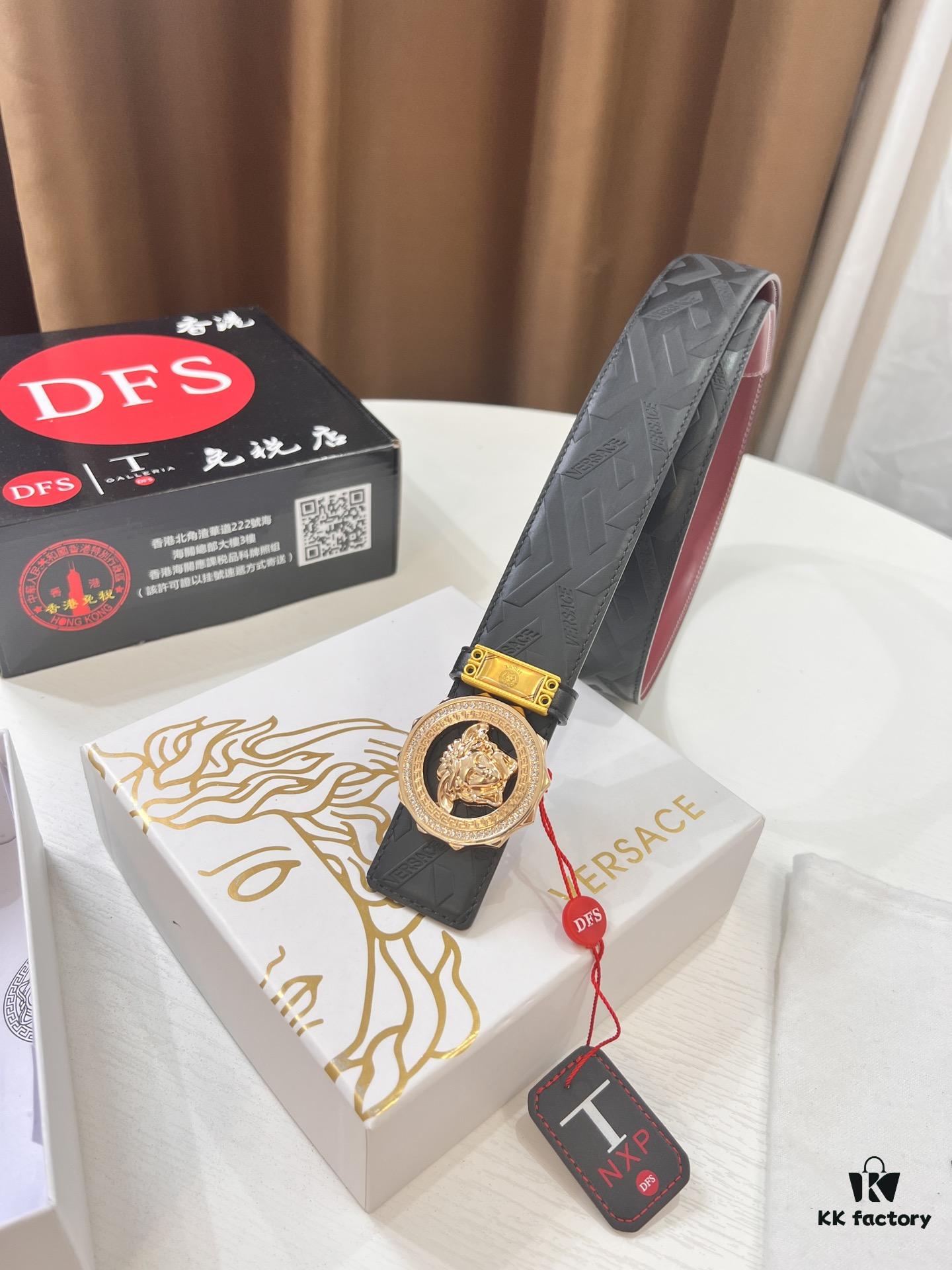 Versace Medusa Belt - Original Factory Direct, Italian Imported Top Grain Calfskin, Wine Red Plain Texture, 3.8cm Width