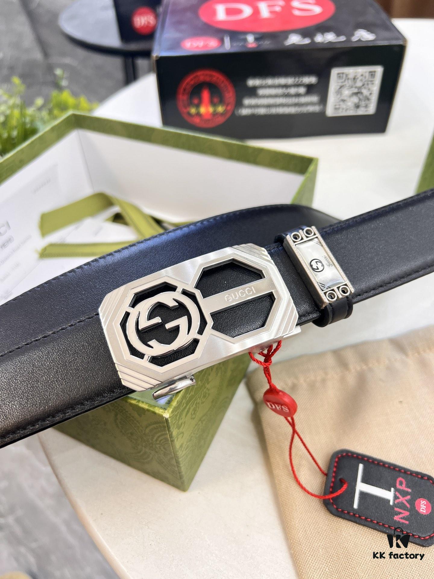 Master's Recommendation 🎺🎺 Real Photo Gucci Automatic Buckle Leather Belt, Embossed Full-Grain Cowhide, Top-Quality Business Formal Belt, Smooth Gliding Automatic Mechanism, Soft Feel, Premium Stainless Steel Exterior Hardware, 3.5 cm Width