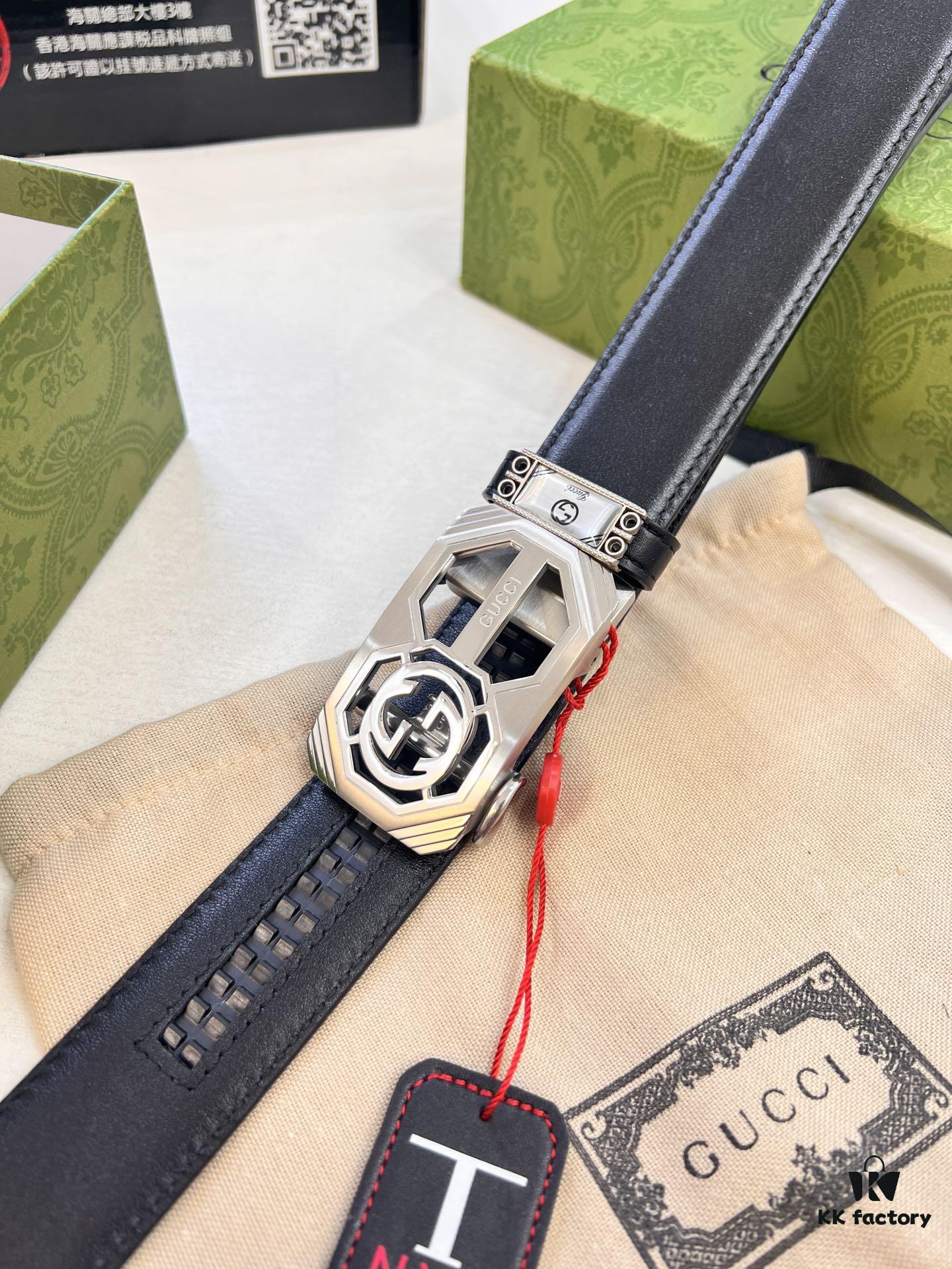 Master's Recommendation 🎺🎺 Real Photo Gucci Automatic Buckle Leather Belt, Embossed Full-Grain Cowhide, Top-Quality Business Formal Belt, Smooth Gliding Automatic Mechanism, Soft Feel, Premium Stainless Steel Exterior Hardware, 3.5 cm Width