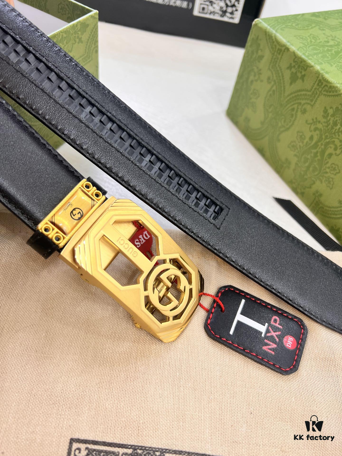 Gucci Automatic Buckle Belt, Embossed Full-Grain Cowhide, 3.5cm Width, Top-Quality Business Formal Belt with NXP Anti-Counterfeit Chip