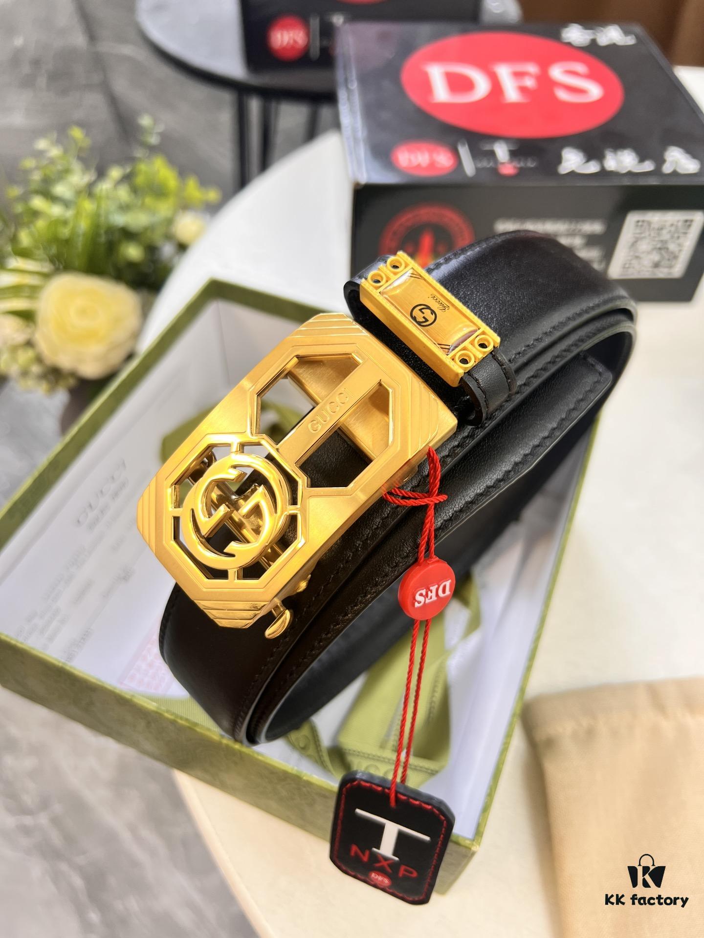 Gucci Automatic Buckle Belt, Embossed Full-Grain Cowhide, 3.5cm Width, Top-Quality Business Formal Belt with NXP Anti-Counterfeit Chip