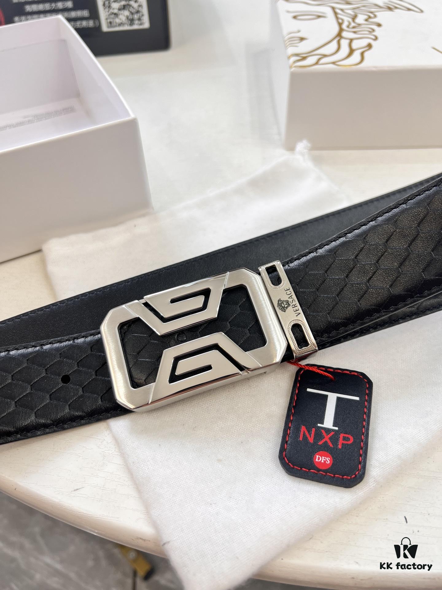 Versace-style Crocodile Grain Top-layer Calfskin Belt, Hollow Stainless Steel Hardware, 3.8cm Width, Dual-sided Wear, Fashion Show Style