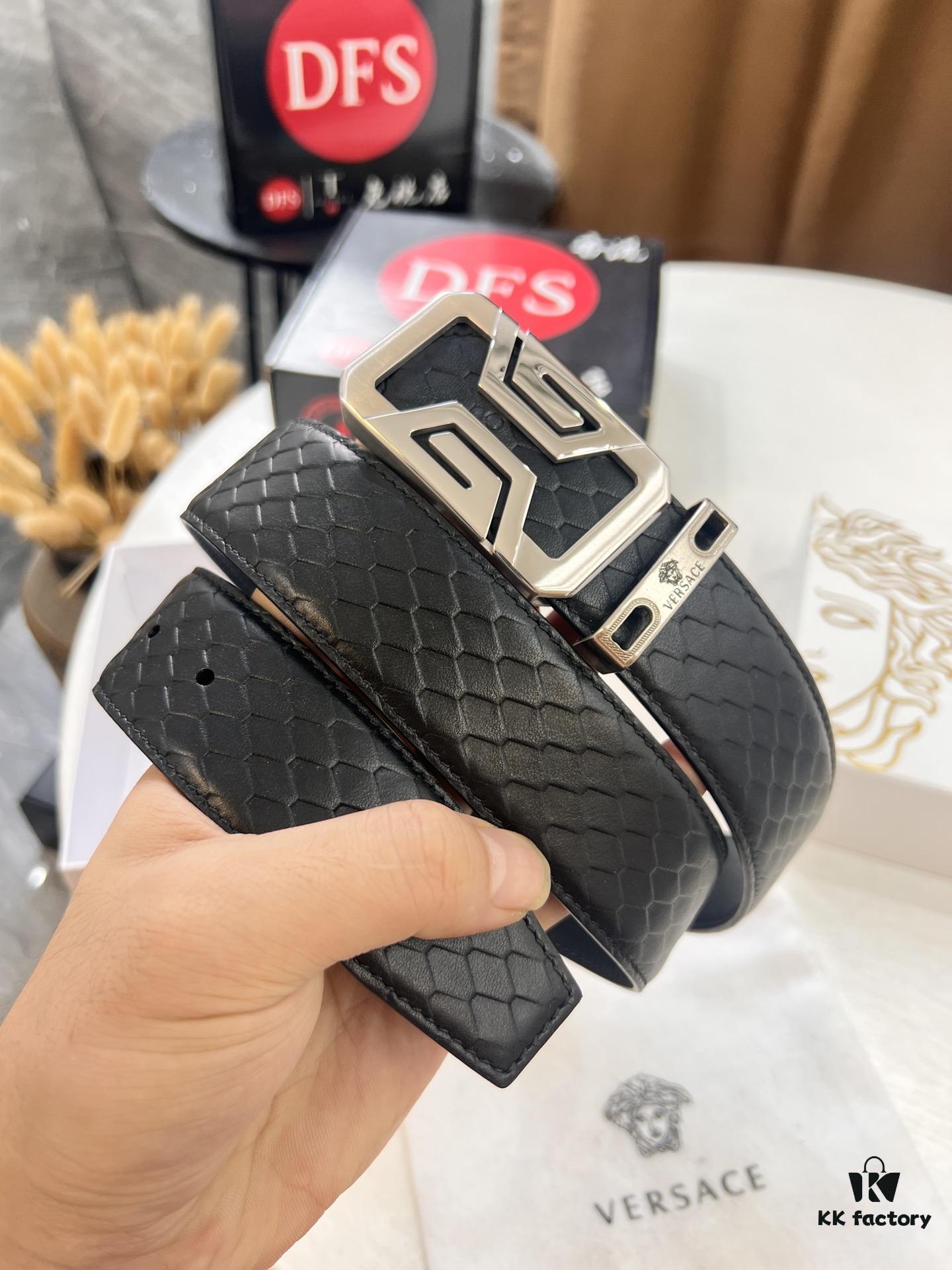 Versace-style Crocodile Grain Top-layer Calfskin Belt, Hollow Stainless Steel Hardware, 3.8cm Width, Dual-sided Wear, Fashion Show Style