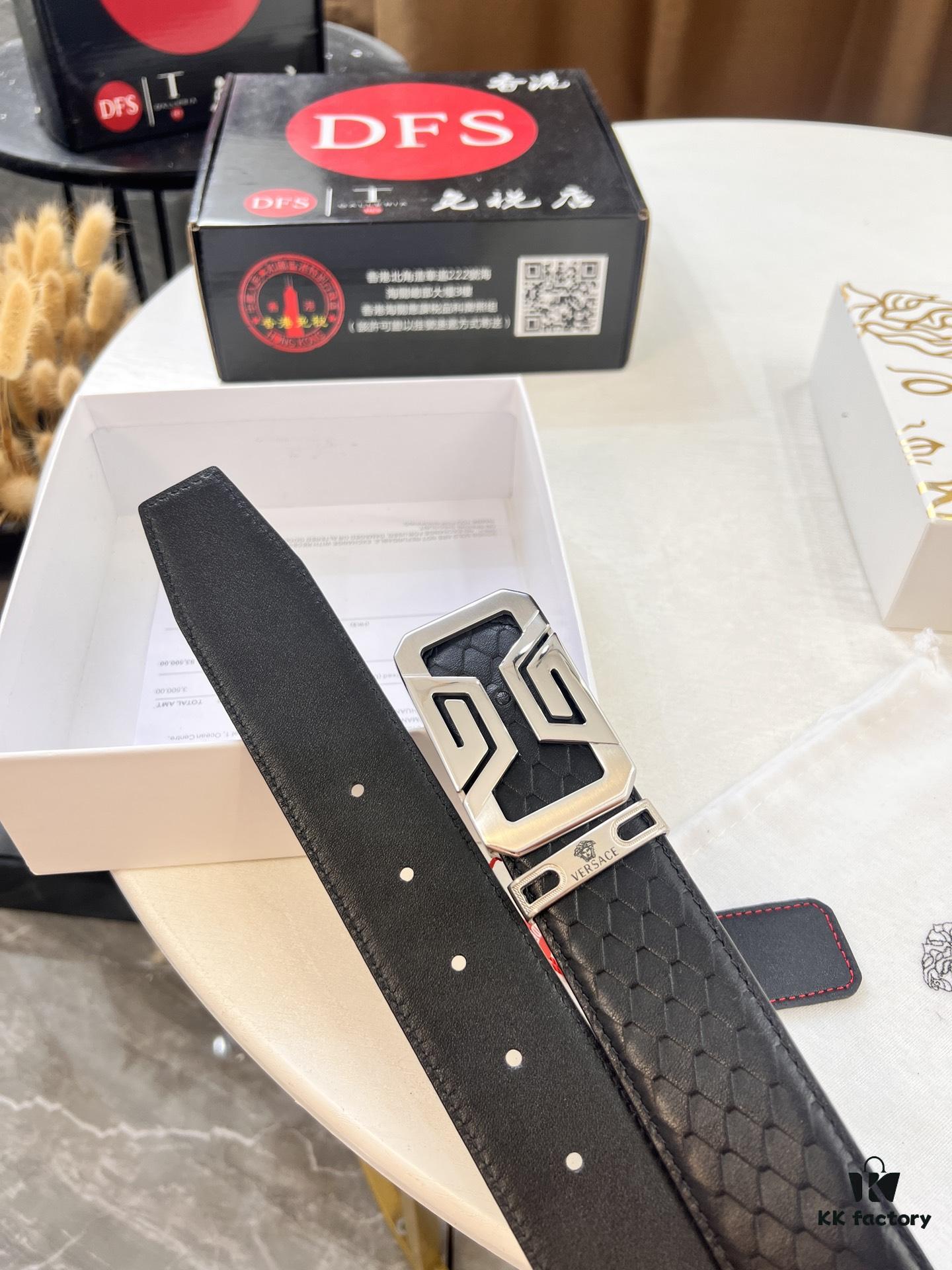 Versace-style Crocodile Grain Top-layer Calfskin Belt, Hollow Stainless Steel Hardware, 3.8cm Width, Dual-sided Wear, Fashion Show Style