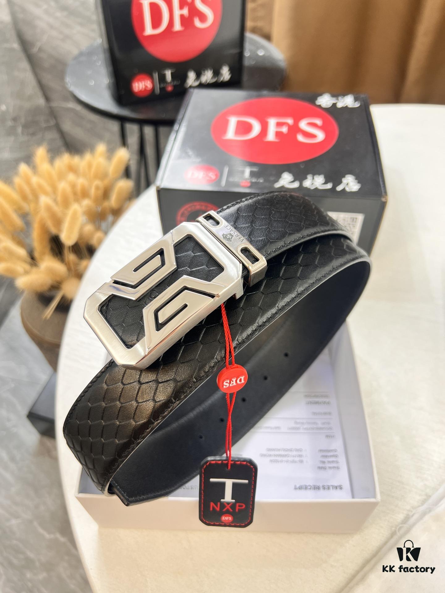 Versace-style Crocodile Grain Top-layer Calfskin Belt, Hollow Stainless Steel Hardware, 3.8cm Width, Dual-sided Wear, Fashion Show Style