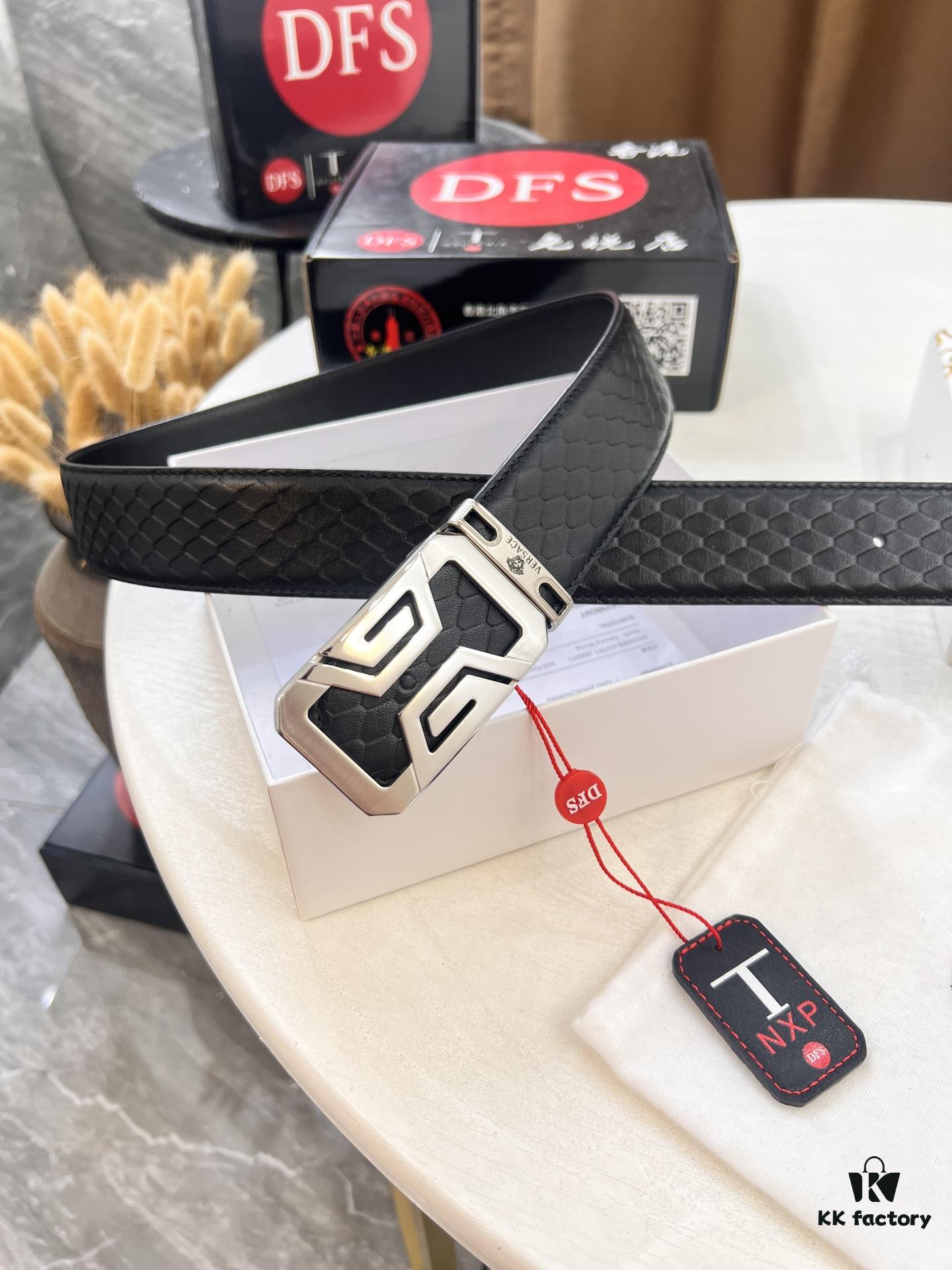 Versace-style Crocodile Grain Top-layer Calfskin Belt, Hollow Stainless Steel Hardware, 3.8cm Width, Dual-sided Wear, Fashion Show Style