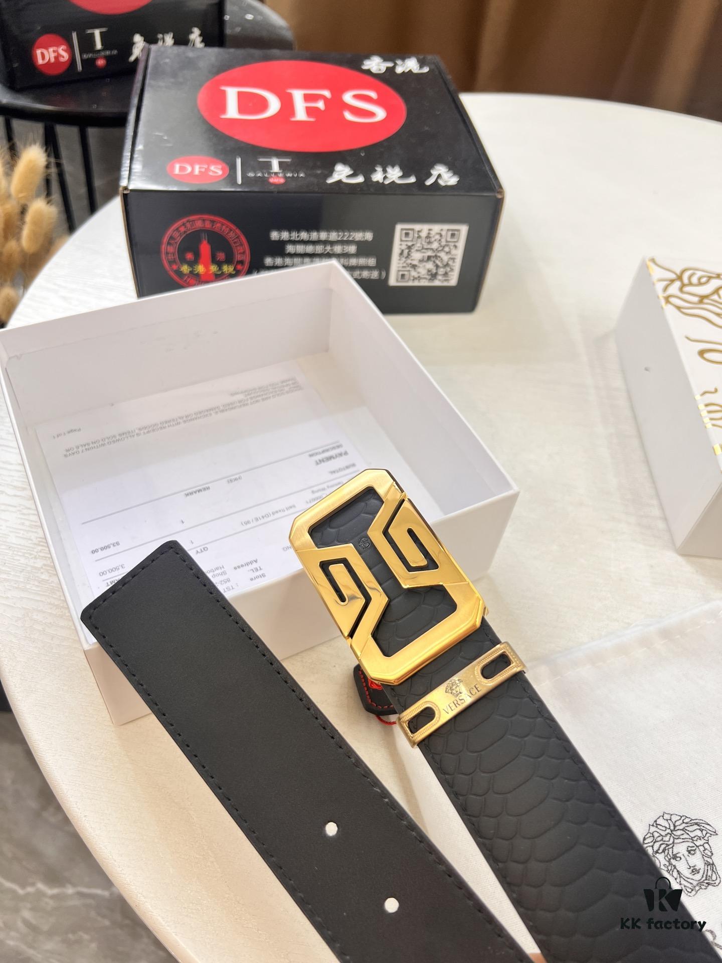 Versace Belt - Original Factory Direct, Genuine NXP RFID Tag, Hollow Stainless Steel Hardware, Italian Crocodile Grain Top Layer Calfskin Leather, 3.8cm Width, Double-Sided Wear, Fashion Show Style