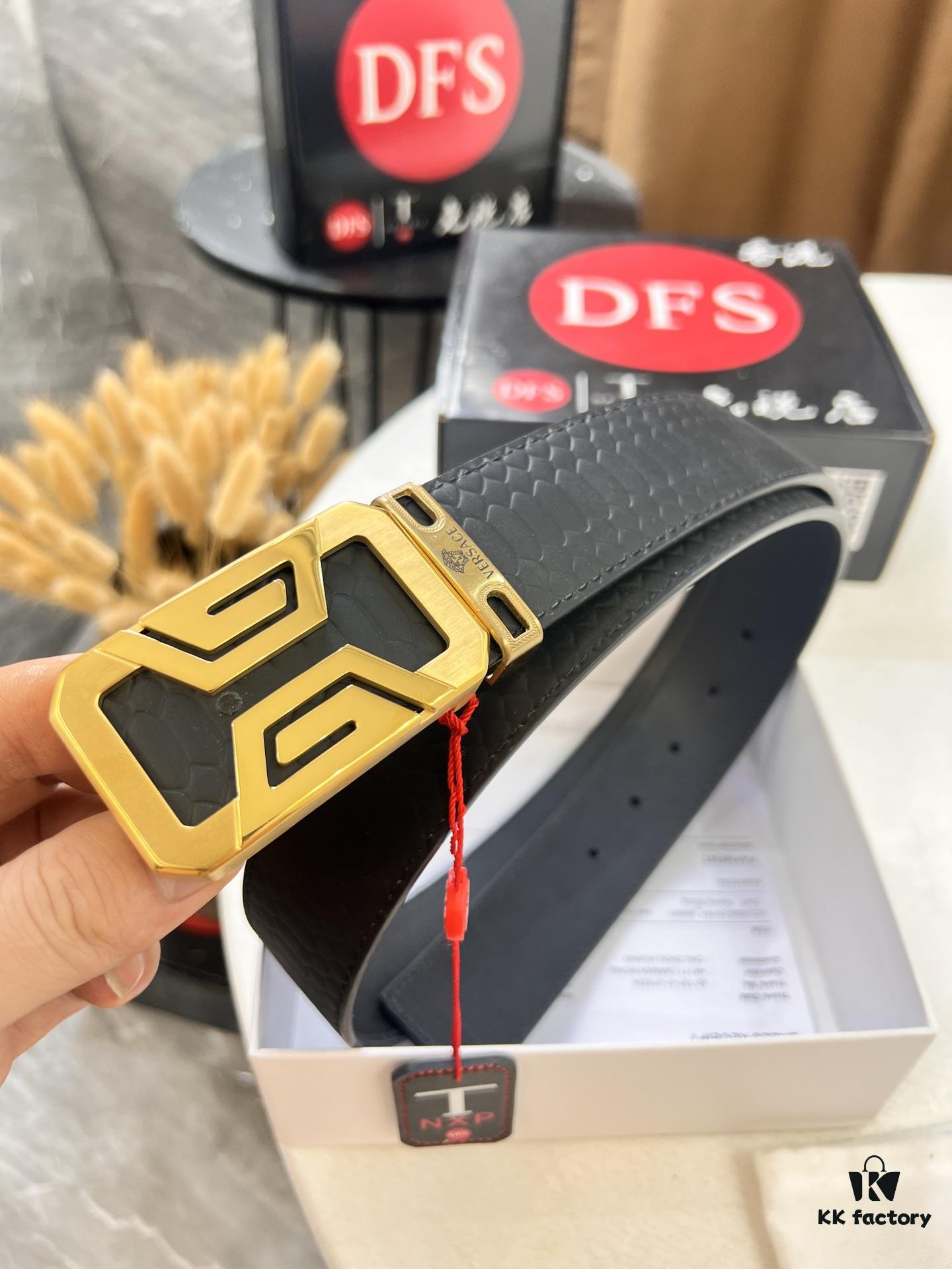 Versace Belt - Original Factory Direct, Genuine NXP RFID Tag, Hollow Stainless Steel Hardware, Italian Crocodile Grain Top Layer Calfskin Leather, 3.8cm Width, Double-Sided Wear, Fashion Show Style