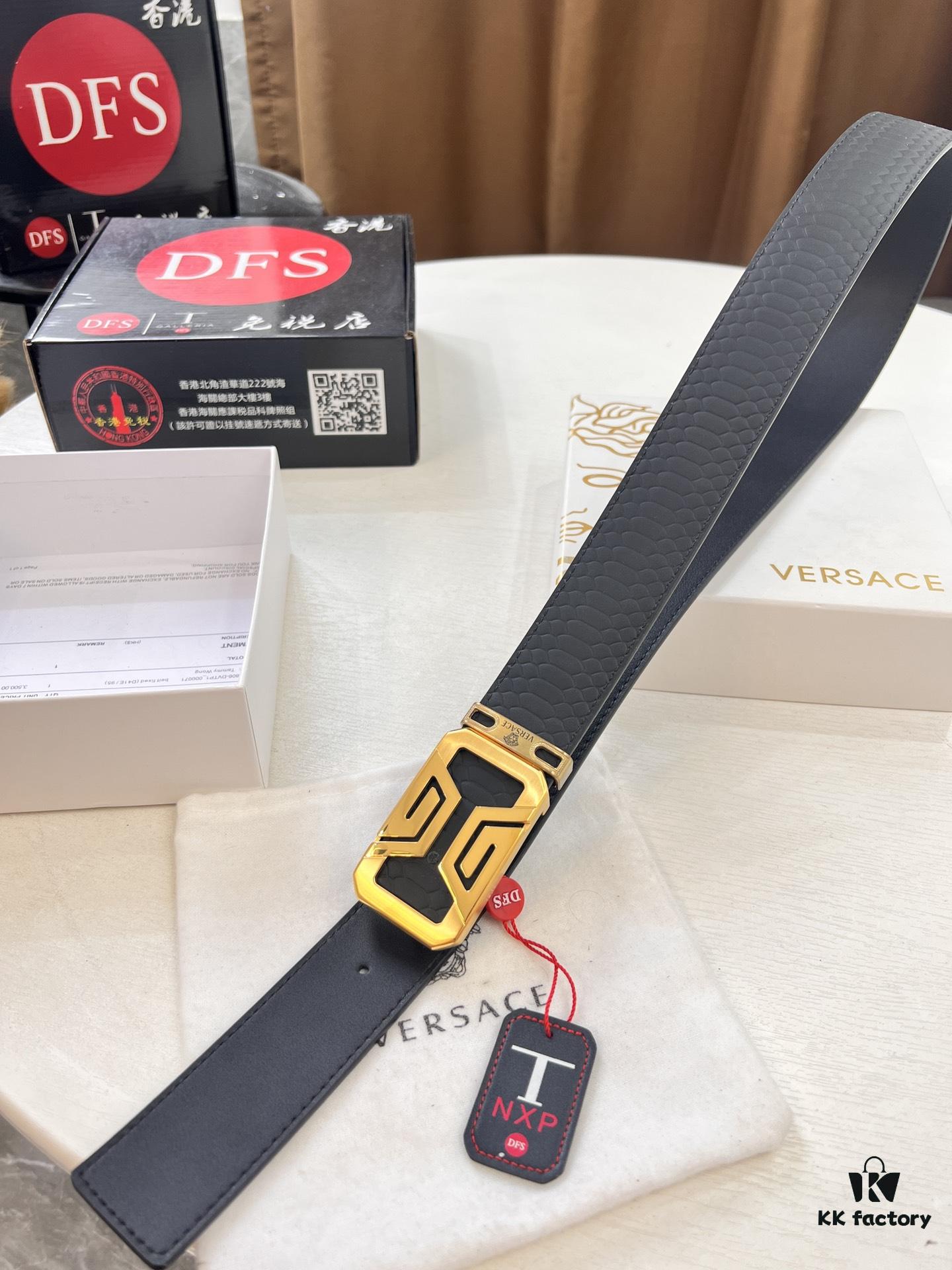 Versace Belt - Original Factory Direct, Genuine NXP RFID Tag, Hollow Stainless Steel Hardware, Italian Crocodile Grain Top Layer Calfskin Leather, 3.8cm Width, Double-Sided Wear, Fashion Show Style