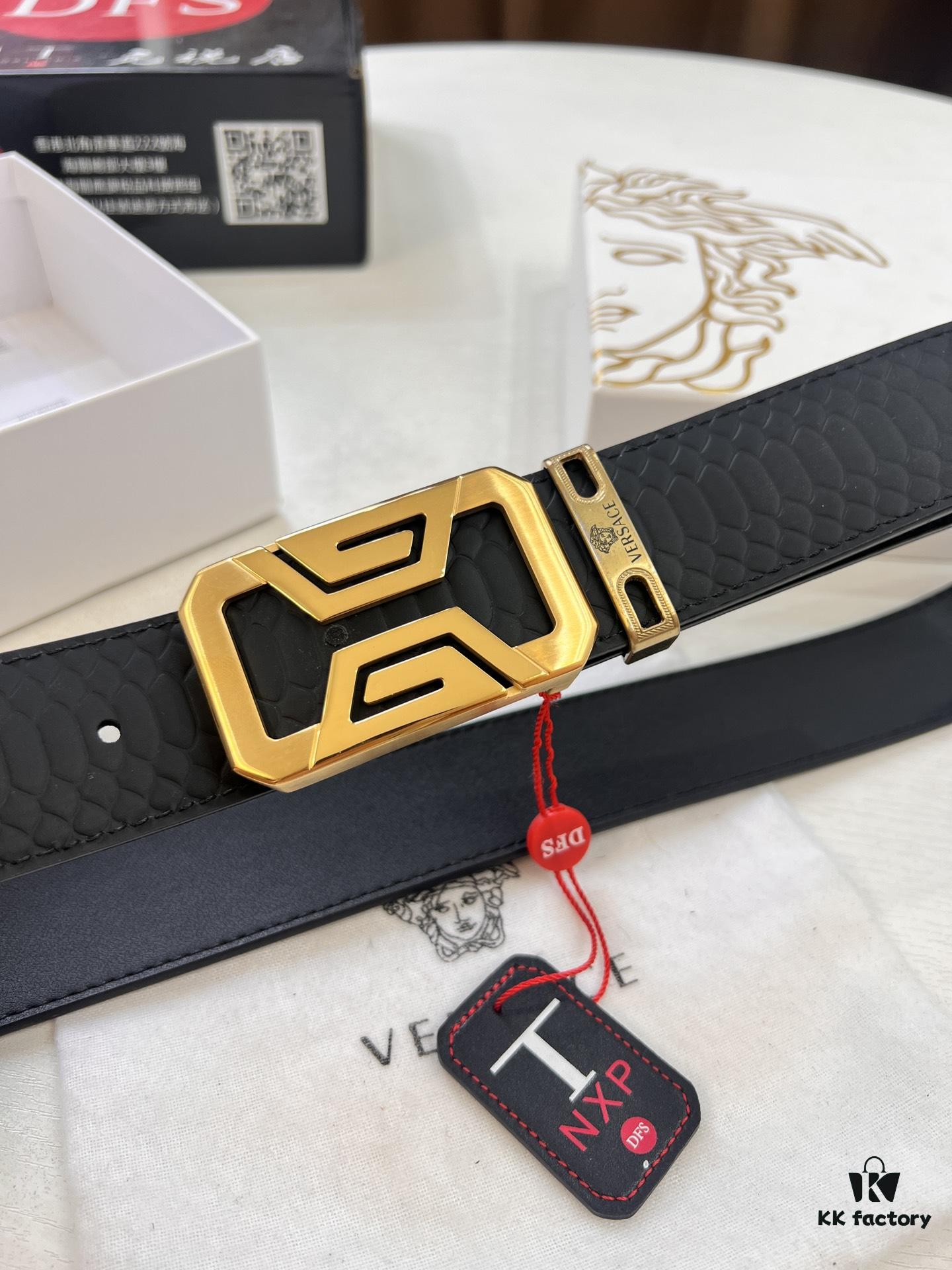 Versace Belt - Original Factory Direct, Genuine NXP RFID Tag, Hollow Stainless Steel Hardware, Italian Crocodile Grain Top Layer Calfskin Leather, 3.8cm Width, Double-Sided Wear, Fashion Show Style