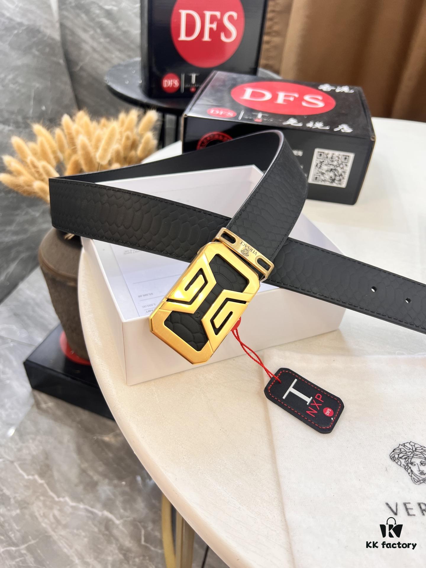 Versace Belt - Original Factory Direct, Genuine NXP RFID Tag, Hollow Stainless Steel Hardware, Italian Crocodile Grain Top Layer Calfskin Leather, 3.8cm Width, Double-Sided Wear, Fashion Show Style