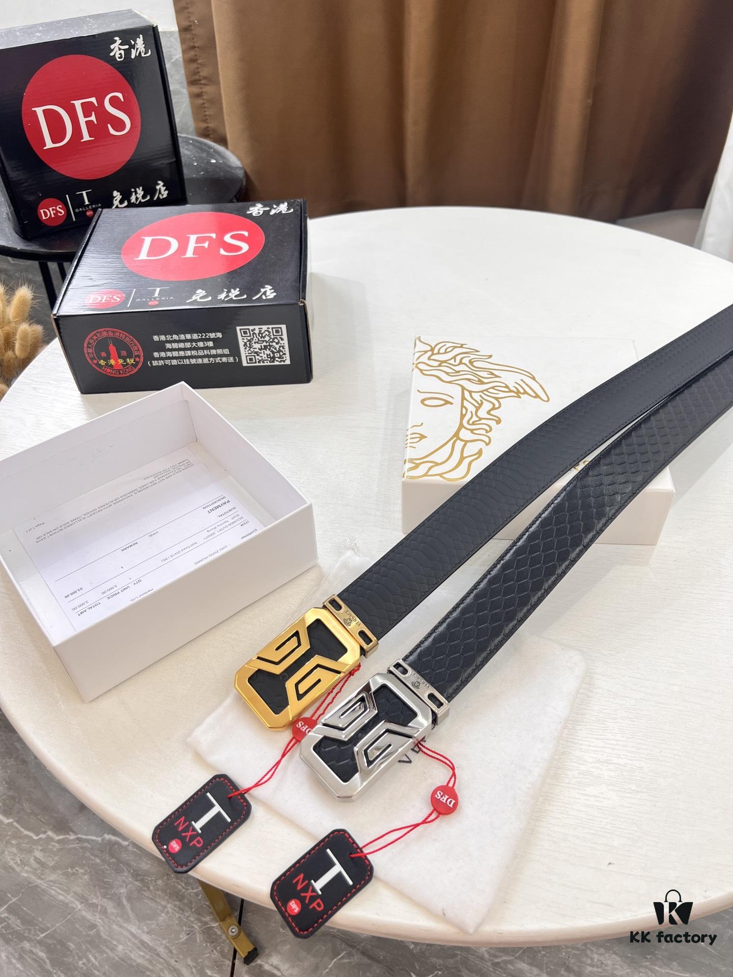 Versace Belt - Original Factory Direct, Genuine NXP RFID Tag, Hollow Stainless Steel Hardware, Italian Crocodile Grain Top Layer Calfskin Leather, 3.8cm Width, Double-Sided Wear, Fashion Show Style