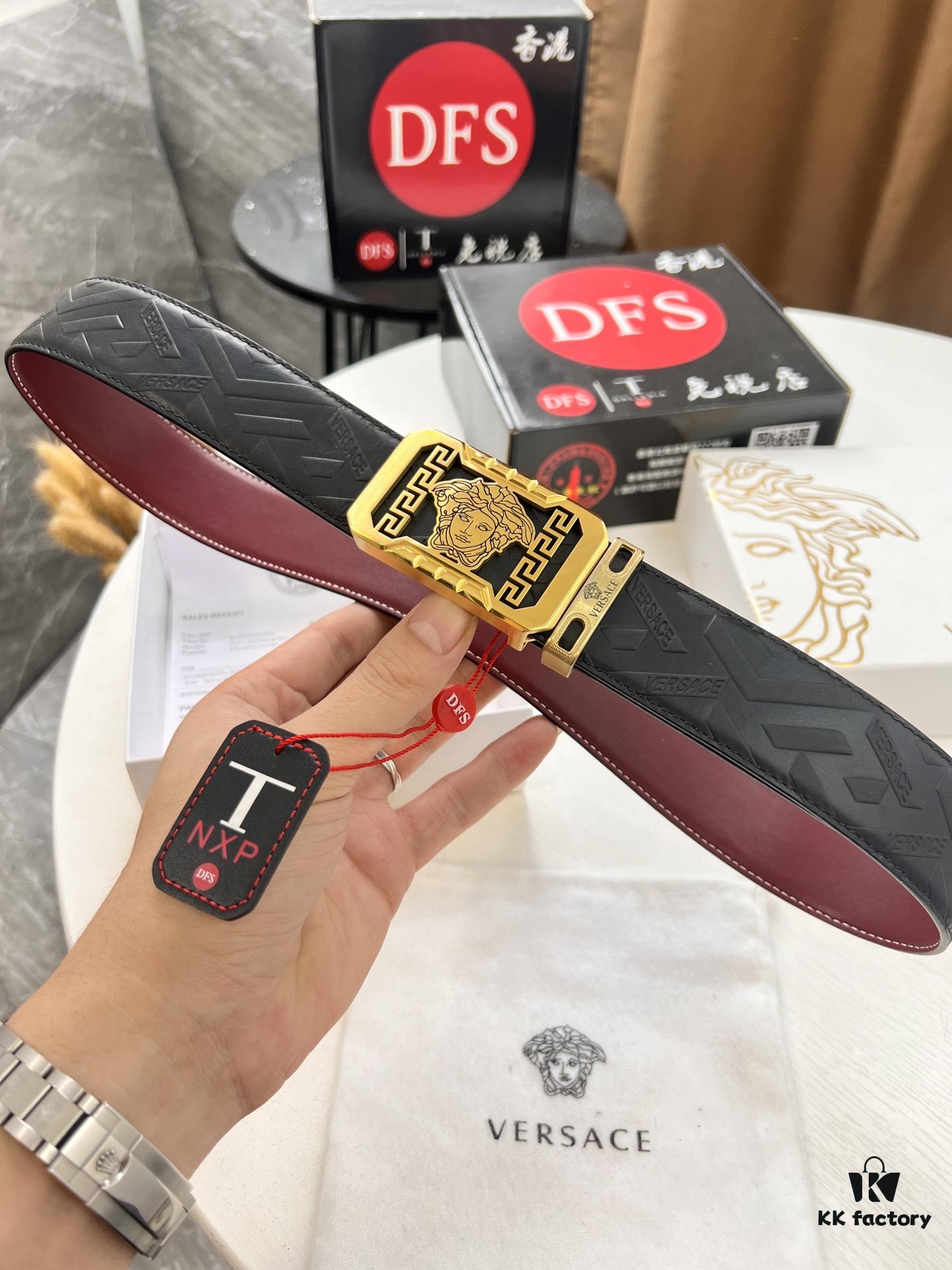 Versace Genuine Leather Belt with Medusa Head Buckle, Italian Imported Top Grain Calfskin, 3.8cm Width, Duty-Free Authenticity Verified by NXP Chip