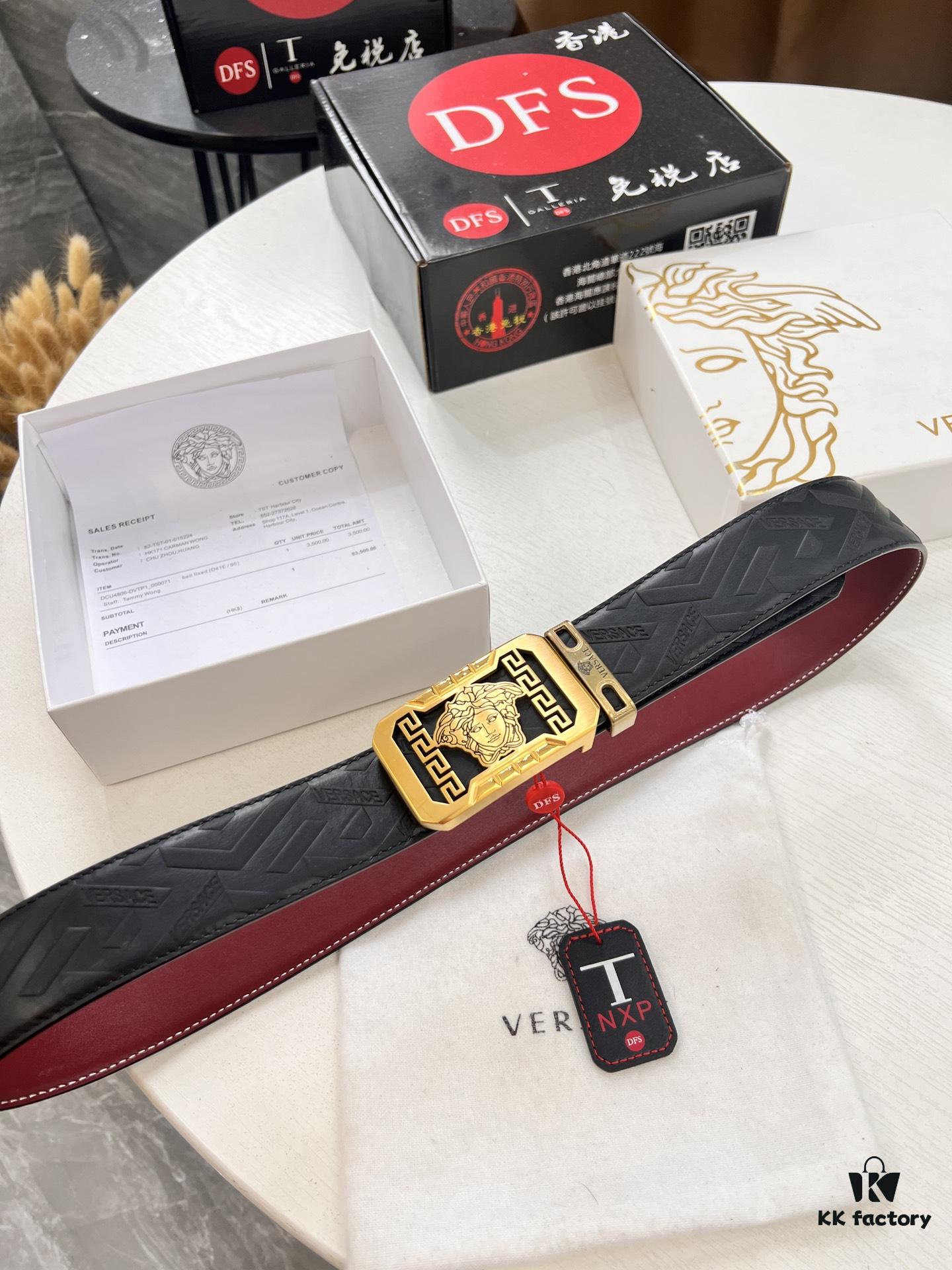 Versace Genuine Leather Belt with Medusa Head Buckle, Italian Imported Top Grain Calfskin, 3.8cm Width, Duty-Free Authenticity Verified by NXP Chip