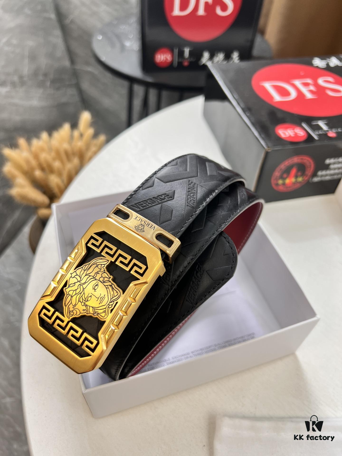 Versace Genuine Leather Belt with Medusa Head Buckle, Italian Imported Top Grain Calfskin, 3.8cm Width, Duty-Free Authenticity Verified by NXP Chip