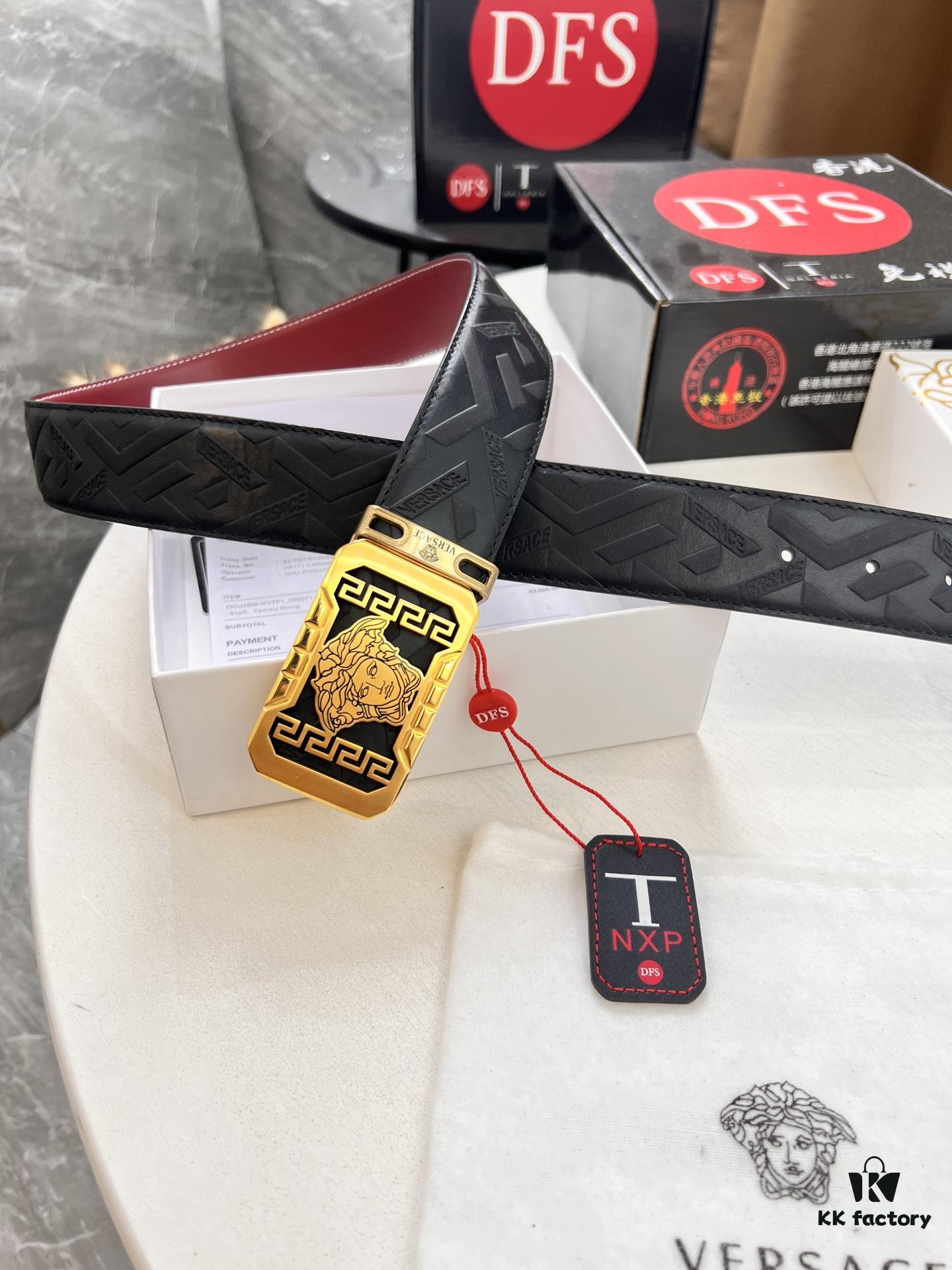 Versace Genuine Leather Belt with Medusa Head Buckle, Italian Imported Top Grain Calfskin, 3.8cm Width, Duty-Free Authenticity Verified by NXP Chip