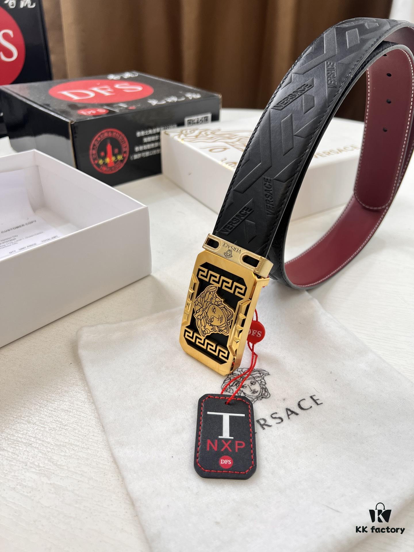 Versace Genuine Leather Belt with Medusa Head Buckle, Italian Imported Top Grain Calfskin, 3.8cm Width, Duty-Free Authenticity Verified by NXP Chip