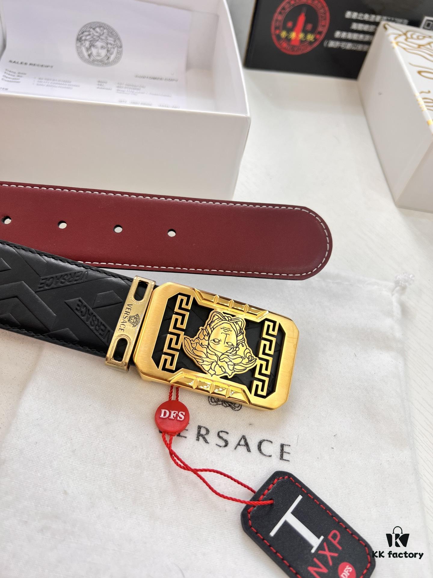 Versace Genuine Leather Belt with Medusa Head Buckle, Italian Imported Top Grain Calfskin, 3.8cm Width, Duty-Free Authenticity Verified by NXP Chip