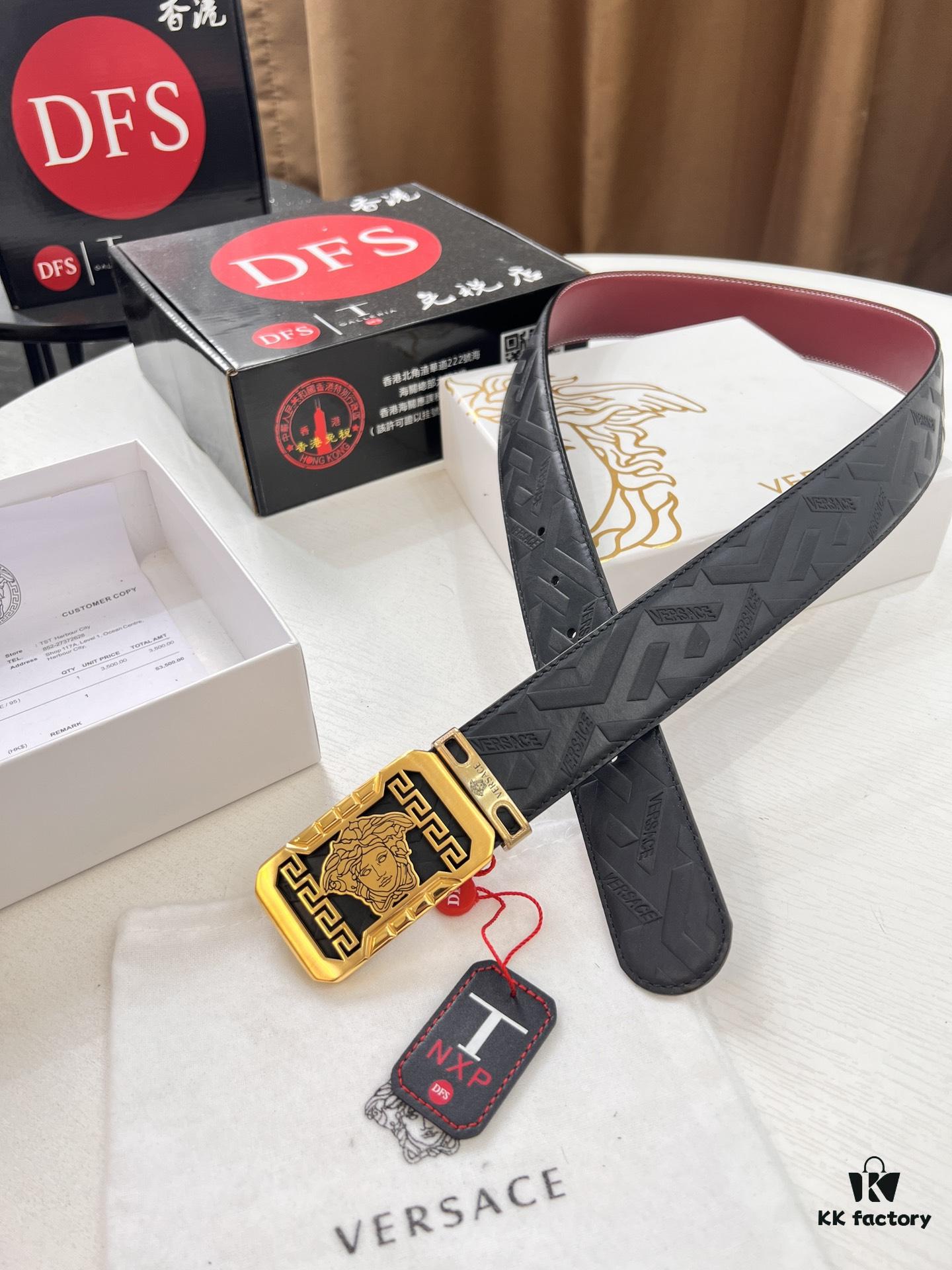 Versace Genuine Leather Belt with Medusa Head Buckle, Italian Imported Top Grain Calfskin, 3.8cm Width, Duty-Free Authenticity Verified by NXP Chip