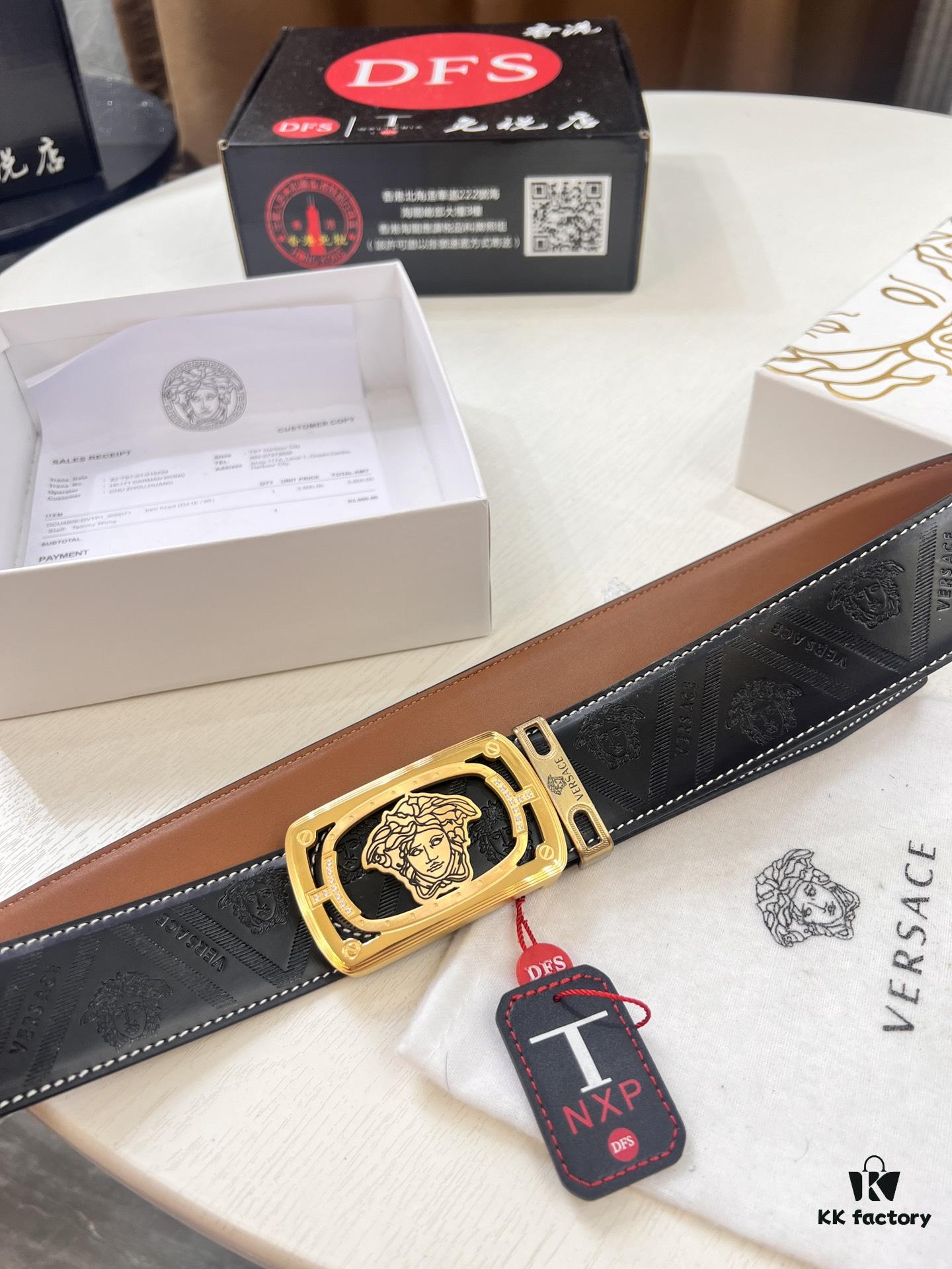 Versace Medusa Leather Belt - Authentic Original Order, Italian Imported Top Grain Calfskin, 3.8cm Width, Duty-Free Hong Kong Gift Box