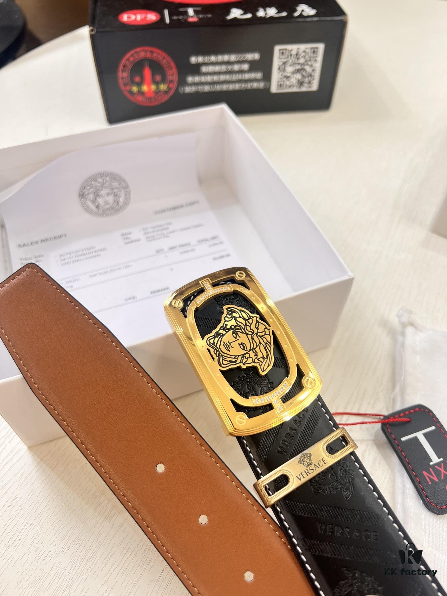 Versace Medusa Leather Belt - Authentic Original Order, Italian Imported Top Grain Calfskin, 3.8cm Width, Duty-Free Hong Kong Gift Box