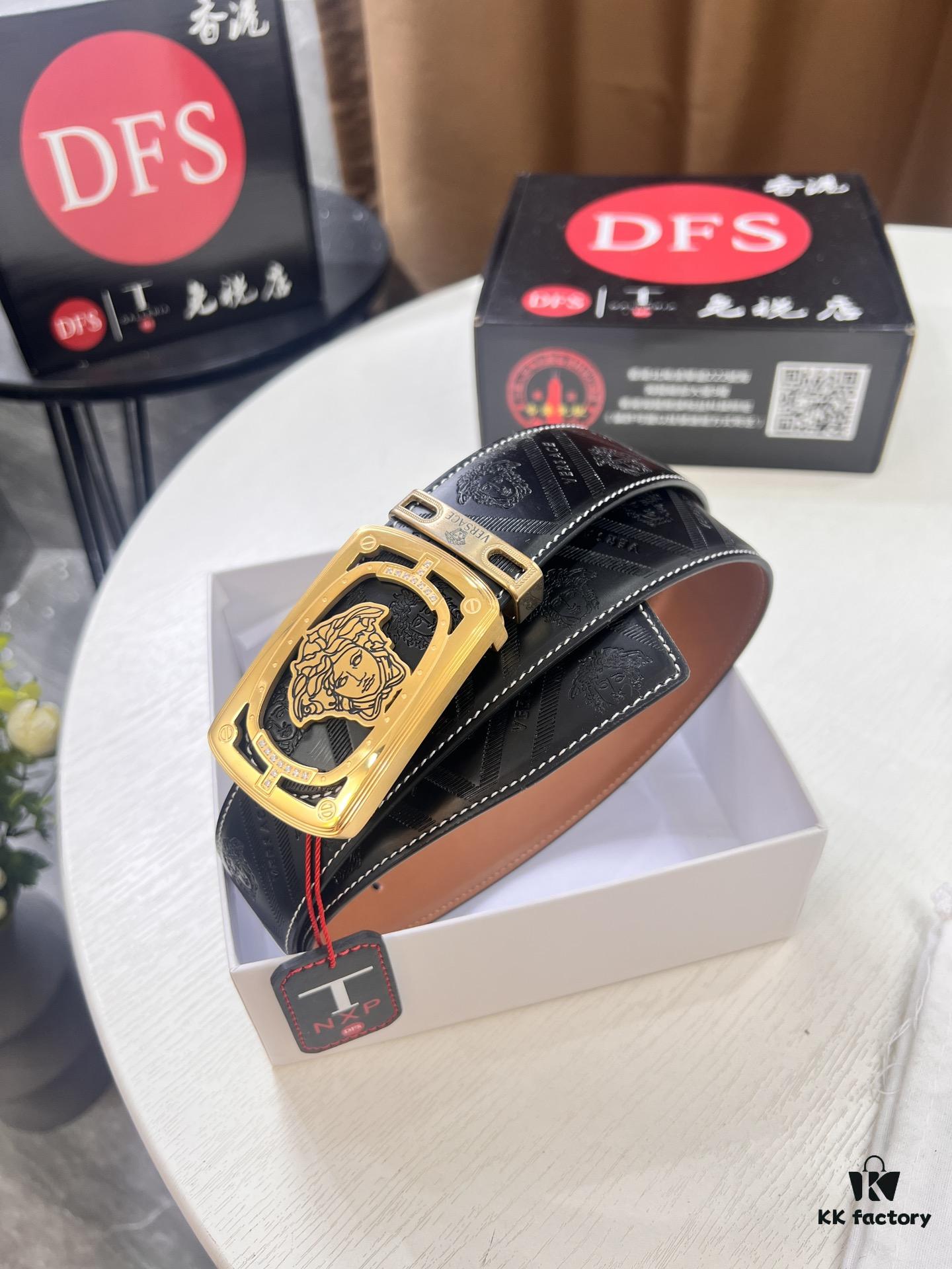 Versace Medusa Leather Belt - Authentic Original Order, Italian Imported Top Grain Calfskin, 3.8cm Width, Duty-Free Hong Kong Gift Box