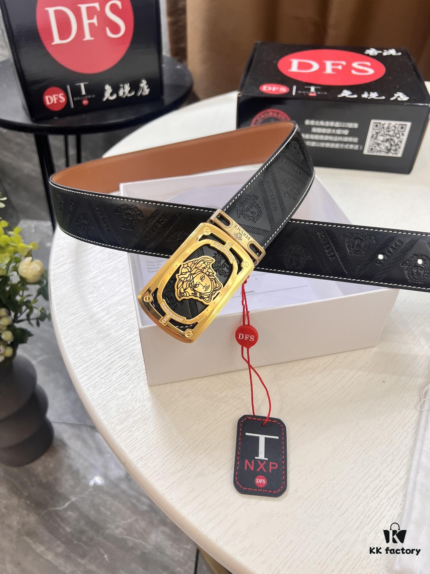 Versace Medusa Leather Belt - Authentic Original Order, Italian Imported Top Grain Calfskin, 3.8cm Width, Duty-Free Hong Kong Gift Box