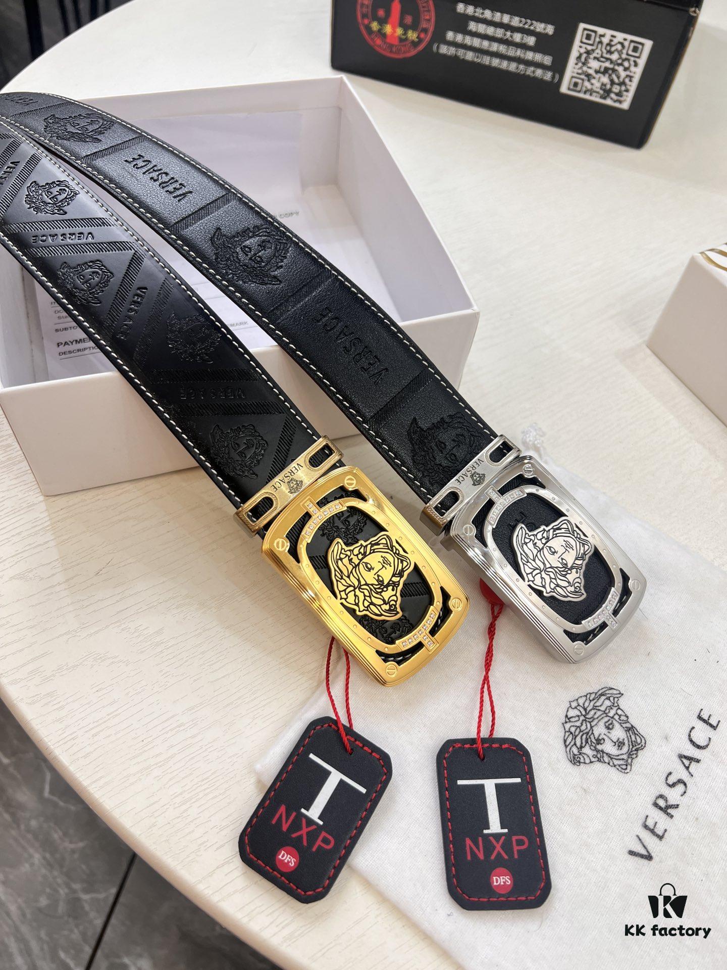 Versace Medusa Leather Belt - Authentic Original Order, Italian Imported Top Grain Calfskin, 3.8cm Width, Duty-Free Hong Kong Gift Box