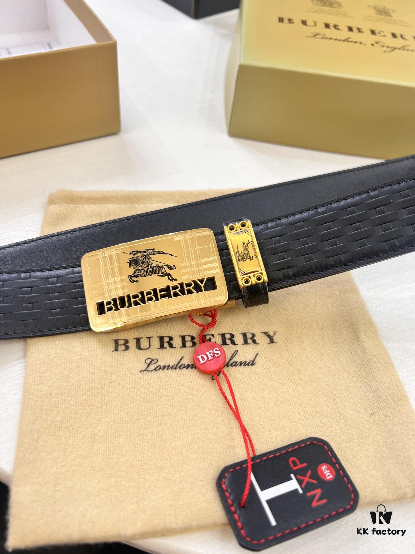 Burberry Equestrian Automatic Buckle Belt, Genuine Full-Grain Calfskin, 3.5cm Width, Top-Quality Business Formal Belt with Polished Stainless Steel Hardware
