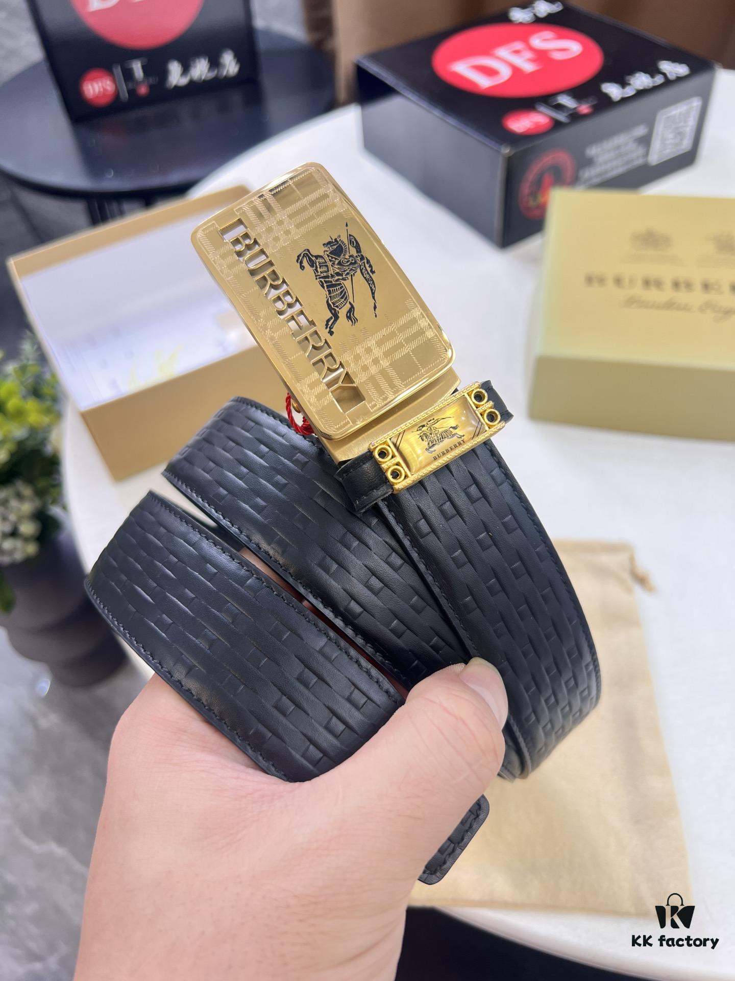 Burberry Equestrian Automatic Buckle Belt, Genuine Full-Grain Calfskin, 3.5cm Width, Top-Quality Business Formal Belt with Polished Stainless Steel Hardware