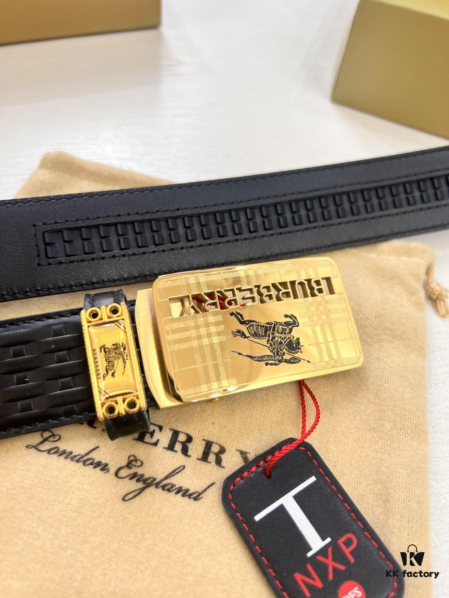 Burberry Equestrian Automatic Buckle Belt, Genuine Full-Grain Calfskin, 3.5cm Width, Top-Quality Business Formal Belt with Polished Stainless Steel Hardware